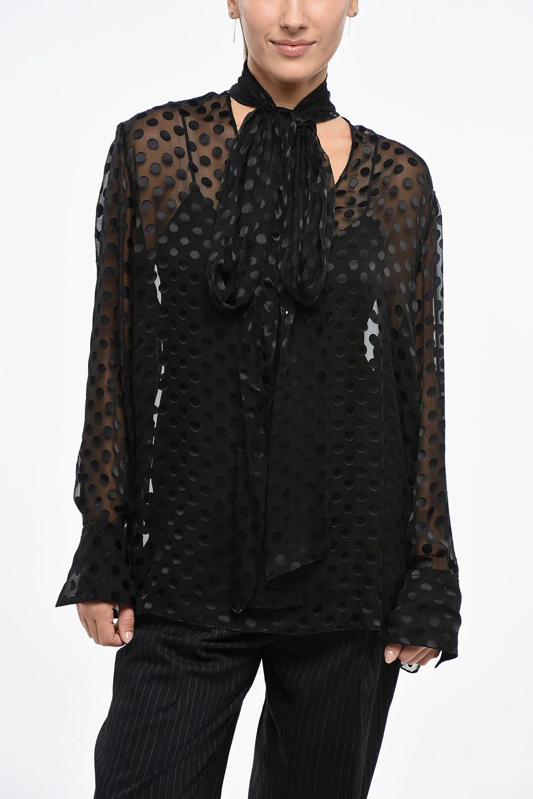Givenchy og1mm0326 Chiffon Tie-Neck Blouse in Black Size M / US 6-8 / IT 42-44 - 1 Thumbnail