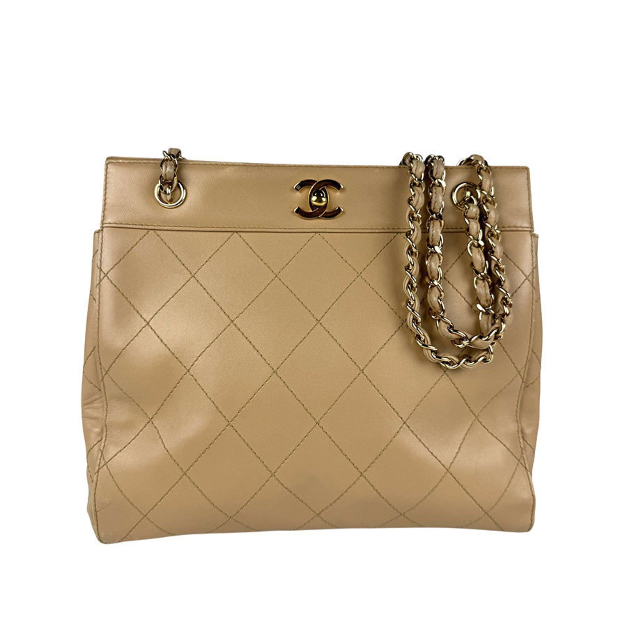 Chanel Shoulder Bag Leather Beige Gold Women's Z5058