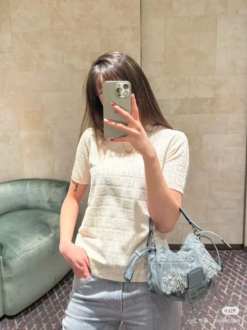 Fendi Fendi White Double F Full Print Round Neck Knit T-Shirt Size XS / US 0-2 / IT 36-38 - 9 Thumbnail