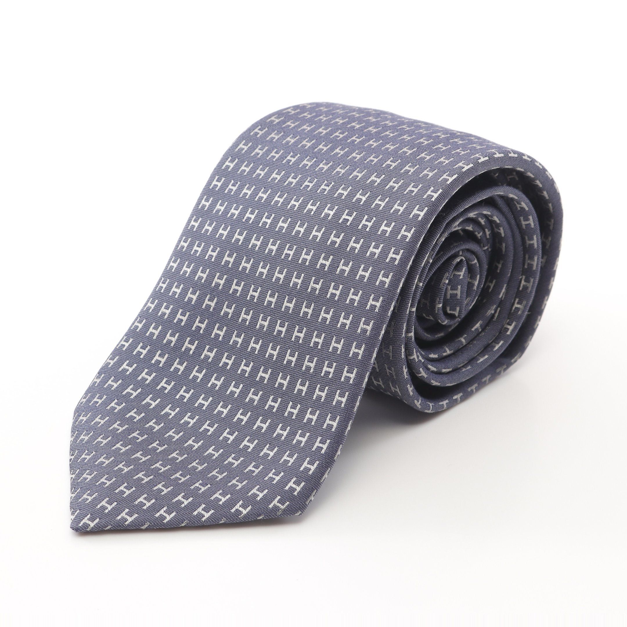Hermes Hermes H Pattern Tie Silk Blue Gray Size ONE SIZE - 1 Thumbnail