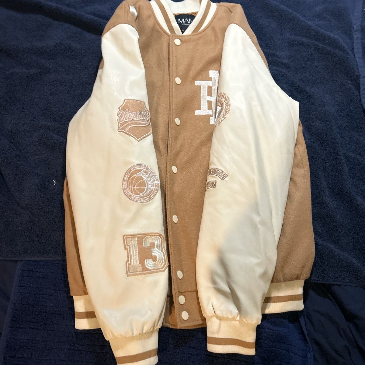 Boohoo BoohooMAN Tan/Brown Varsity Jacket Size US M / EU 48-50 / 2 - 2 Thumbnail