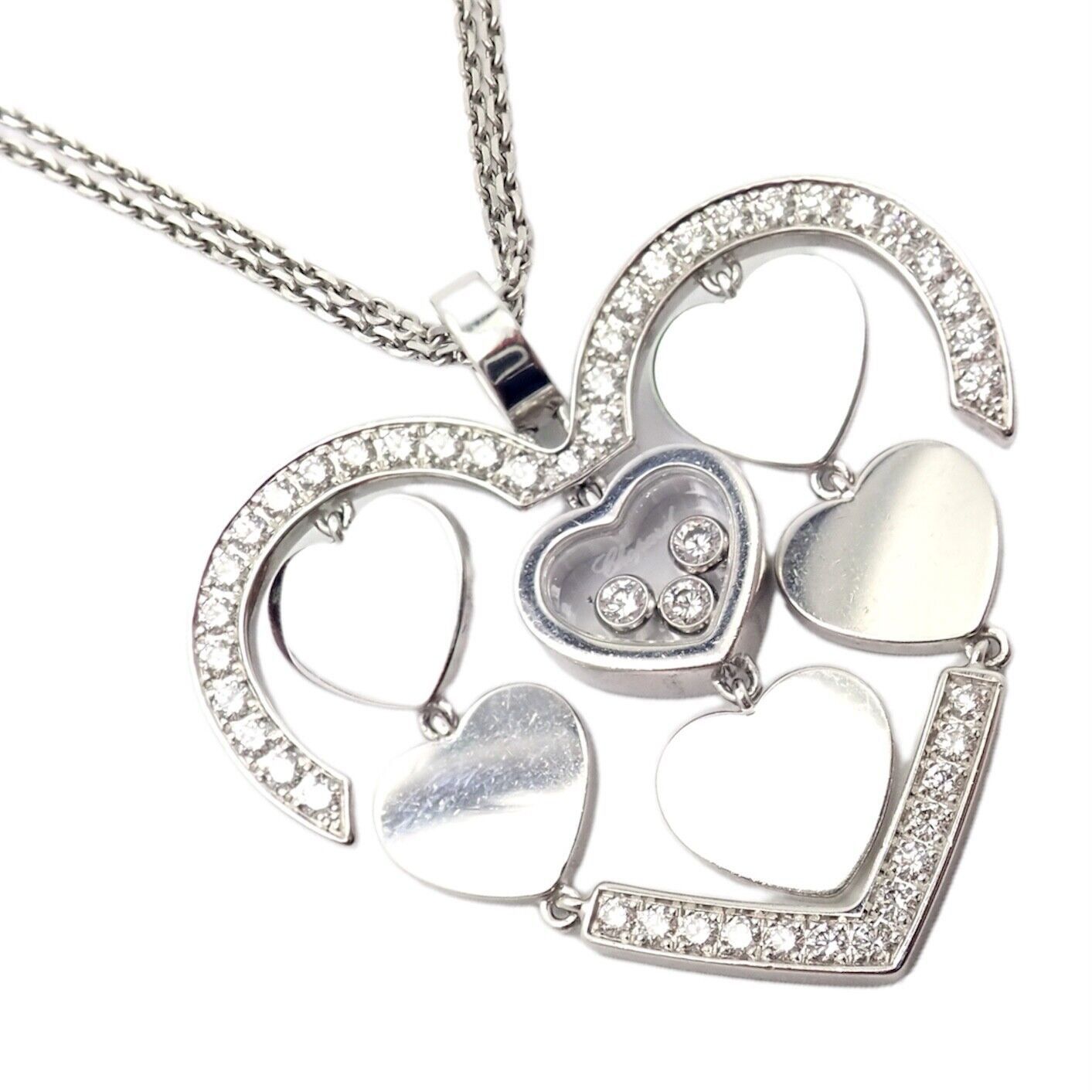 18k White Gold Large Double Happy Hearts Diamond Necklace