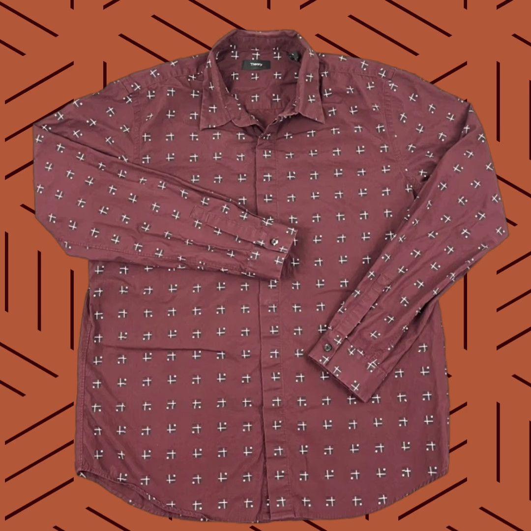 Theory Theory Shirt Mens XL Lev Cross Box Maroon Red Button-Up Long Sleeve Casual Dress Size US XL / EU 56 / 4 - 1 Thumbnail