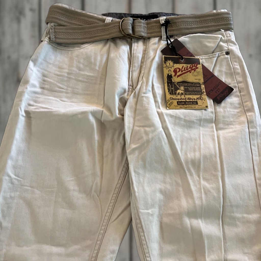 Vintage Plugg Pants Men’s 34/32 Stone Belted Straight Leg Cotton New Tags Khakis, Flat Front, Zip Button, Beige, Regular Rise, Inseam 32, Size 34, Men Size US 34 / EU 50 - 1 Thumbnail