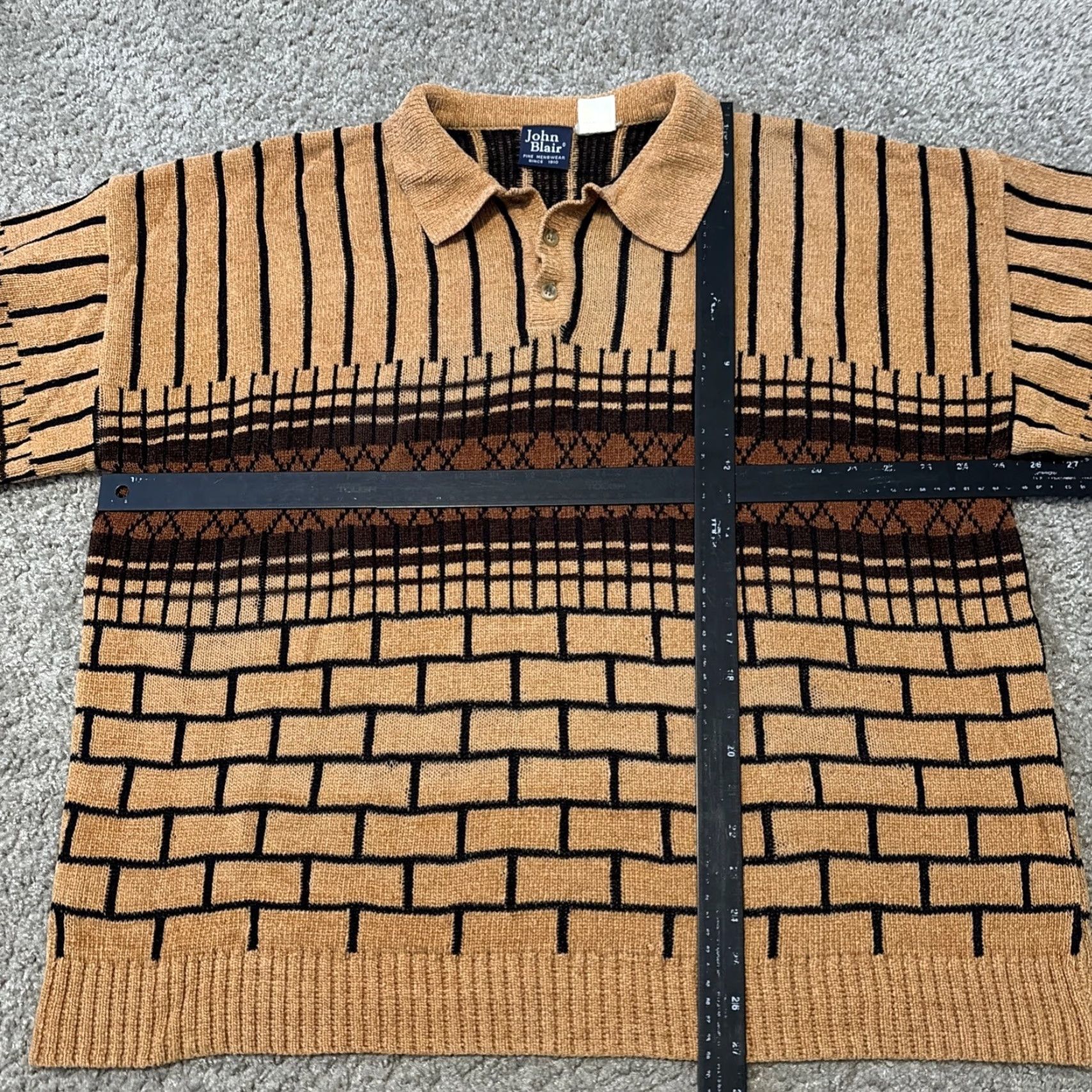Blair VINTAGE 80s John Blair Brown Multi Pattern Cotton Knit Long Sleeve Polo XL Mens Sweater Size US XL / EU 56 / 4 - 6 Thumbnail