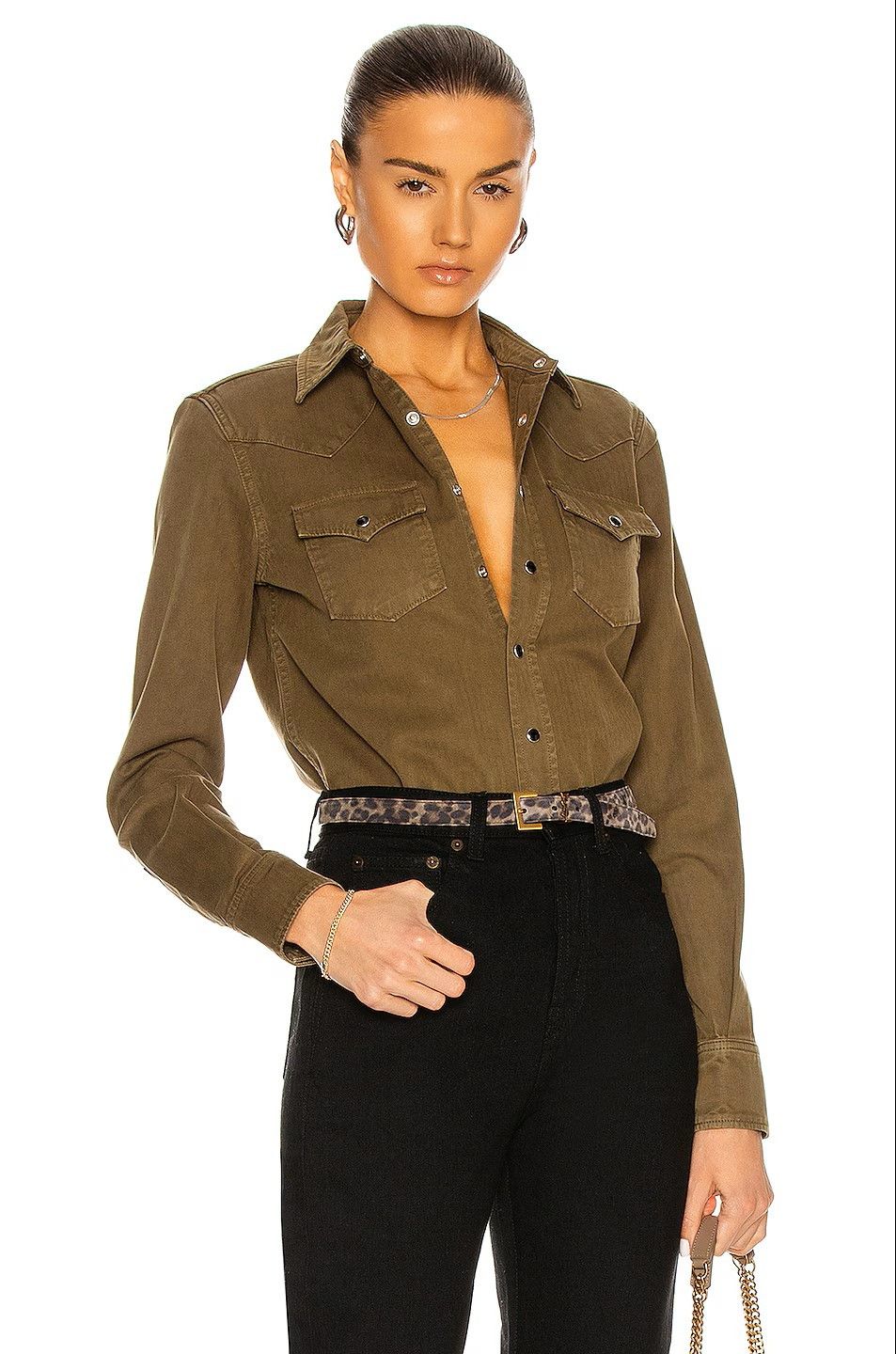 Saint Laurent Paris Khaki Stonewashed Western Yoke Denim Shirt Size XS / US 0-2 / IT 36-38 - 3 Thumbnail