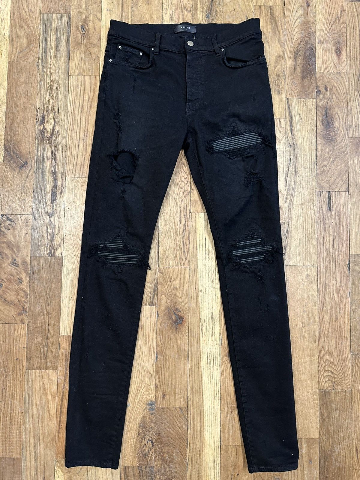 Amiri Amiri MX1 Black Leather Black Denim Jeans Size 32 | Grailed 