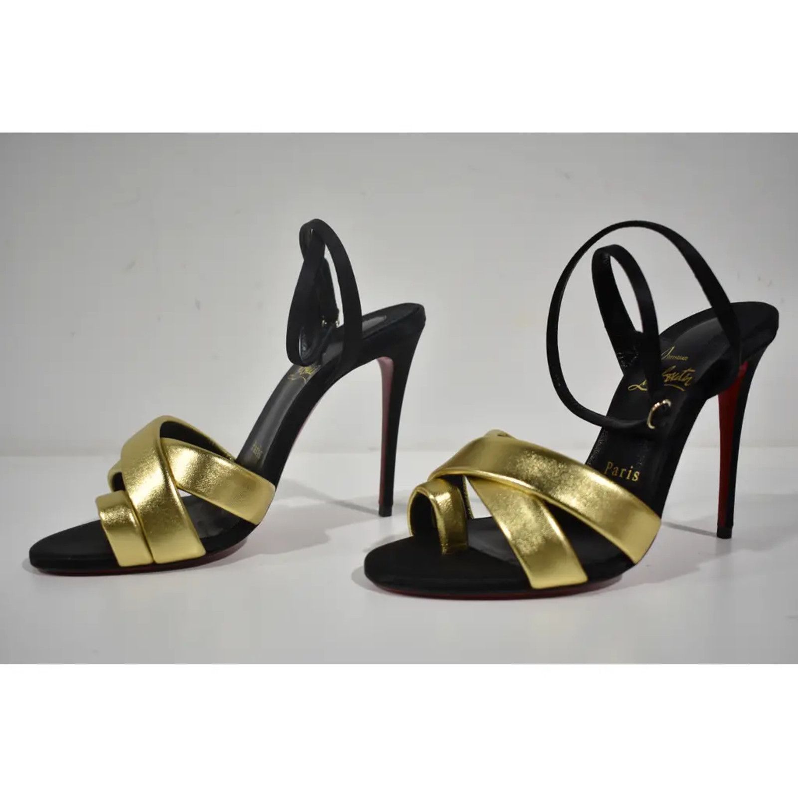 Christian Louboutin Just Me 100 Black Gold Sandal Ankle Strap Open Heel Pump 37 Size US 7 / IT 37 - 9 Thumbnail