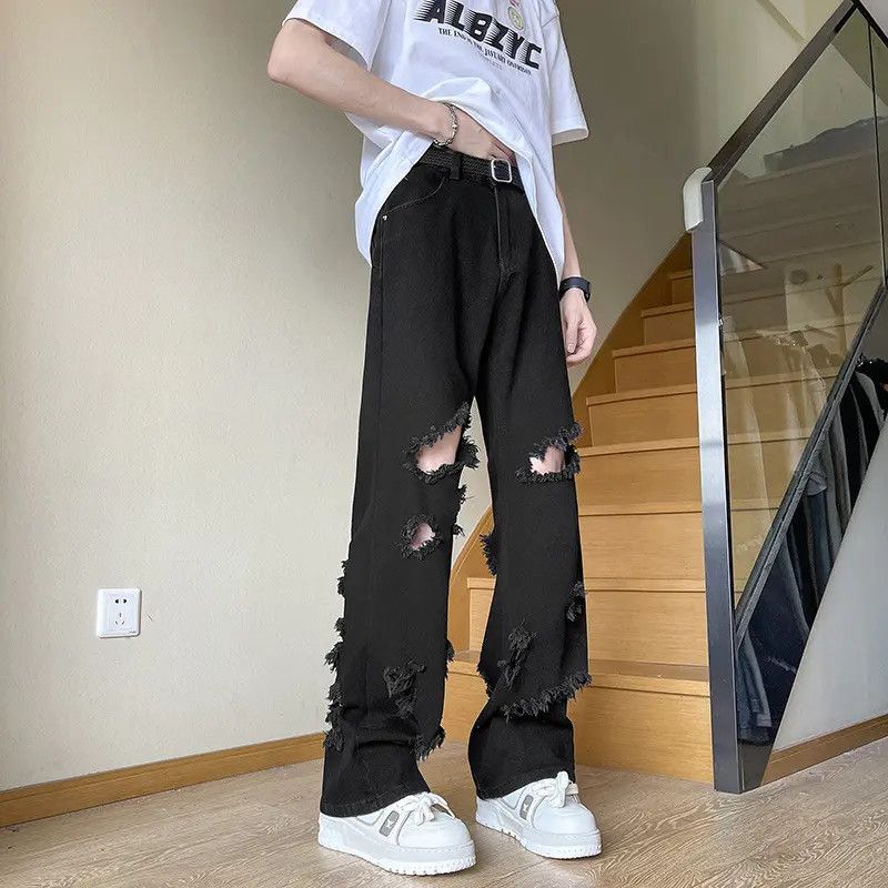 Japanese Brand Retro loose straight leg fringed ripped jeans Size US 32 / EU 48 - 2 Thumbnail