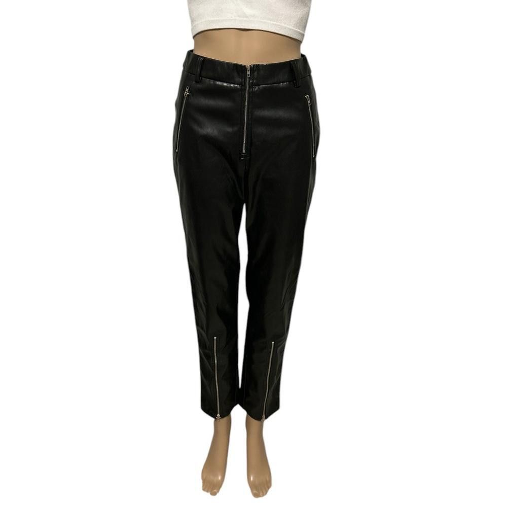 Designer Black Faux Leather Pants with Zip Details Size 26" / US 2 / IT 38 - 1 Thumbnail