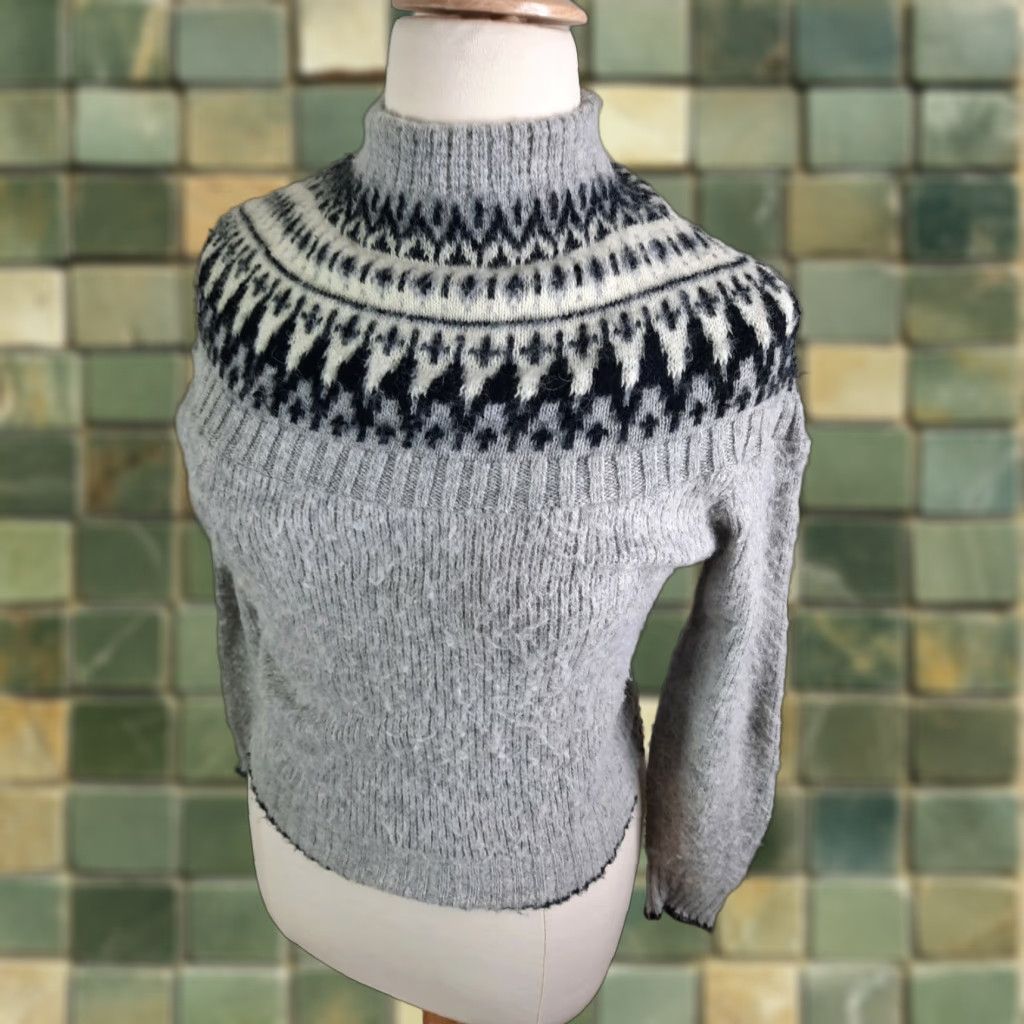 Sears VINTAGE Sears 70s Kings Road Fair Isle Sweater Womens XL Gray Wool Blend Pullover Mock Neck Sweater Size XL / US 12-14 / IT 48-50 - 1 Thumbnail