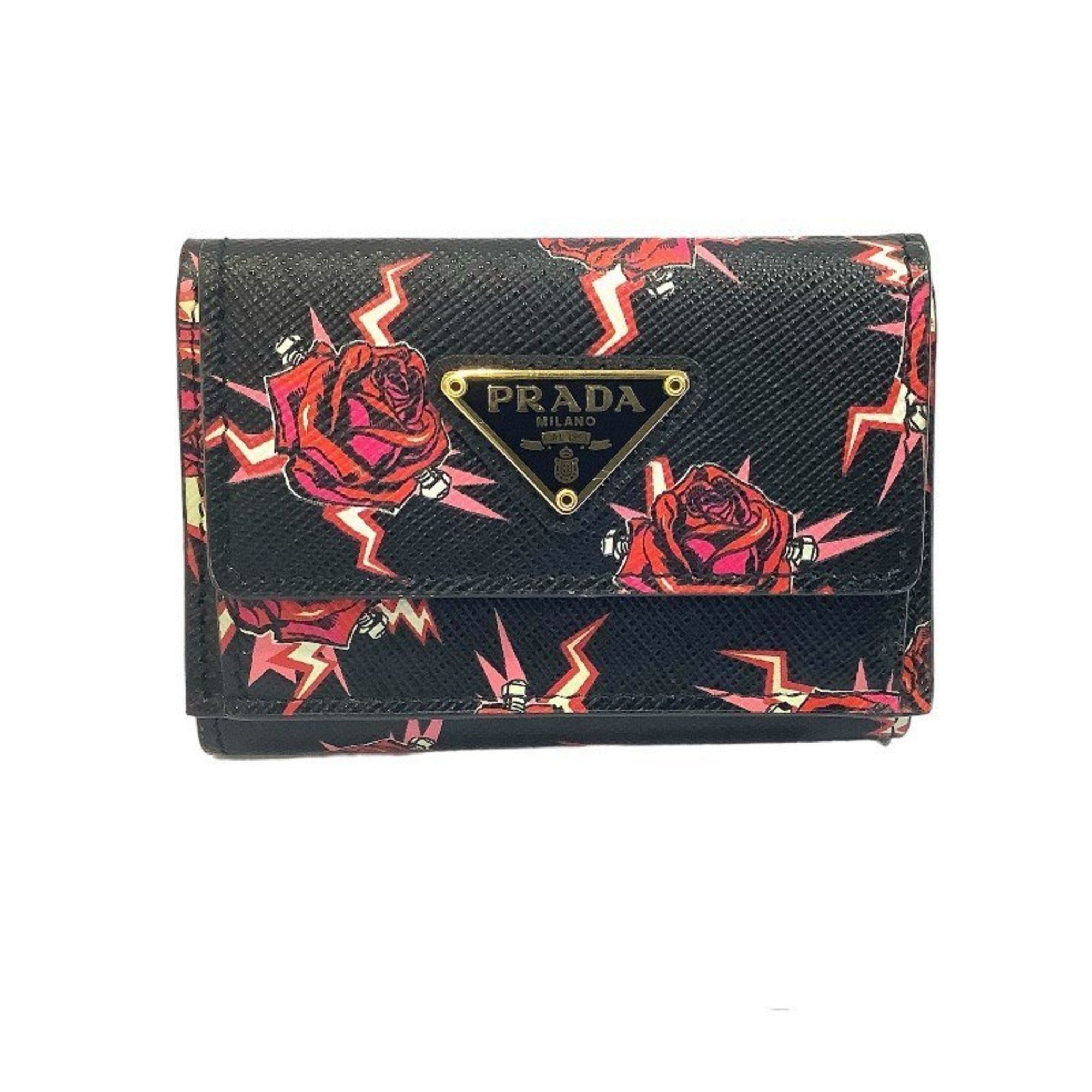 image of Prada Tri-Fold Compact Wallet Saffiano Leather Rose Print 1Mh021 Kb-8140 in Black, Women's