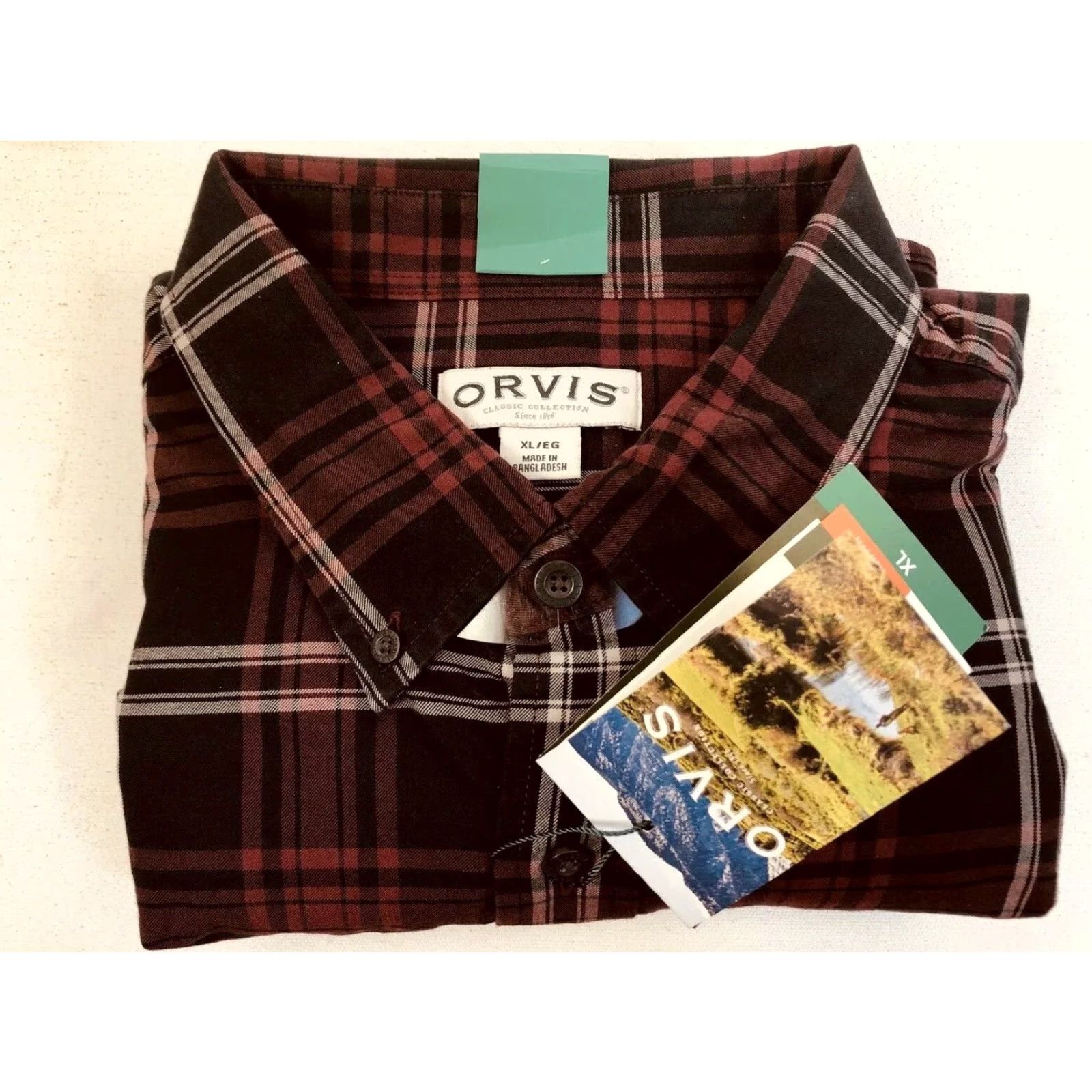 Orvis Orvis Shirt Mens XL Twill Plaid Red/Black/White FLY FISHING Button-Up Long Sleeve Tic Plaid Pattern Wood Patterned Plaid Fish Theme Size US XL / EU 56 / 4 - 5 Thumbnail