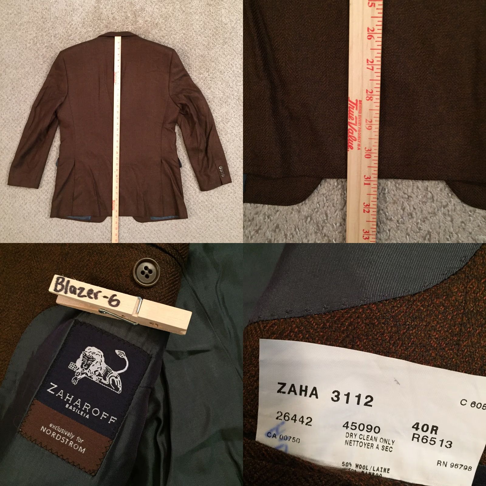 Vintage Zaharoff Blazer Mens 40 Regular Brown Three Button Wool Bamboo Herringbone Size 40R - 8 Thumbnail