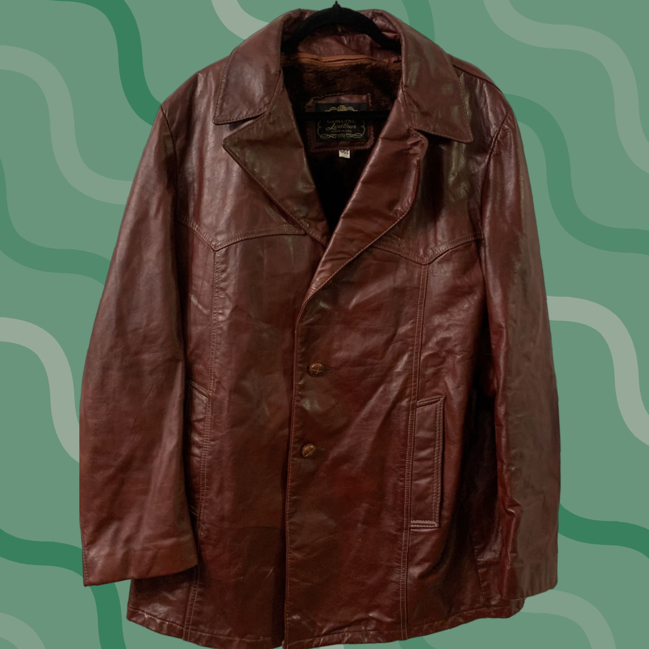 VINTAGE Leather Coat 3 Button Sherpa Lined Size 46L Men Brown Coat Mens Leather Coat 46-L 3-Button Sherpa