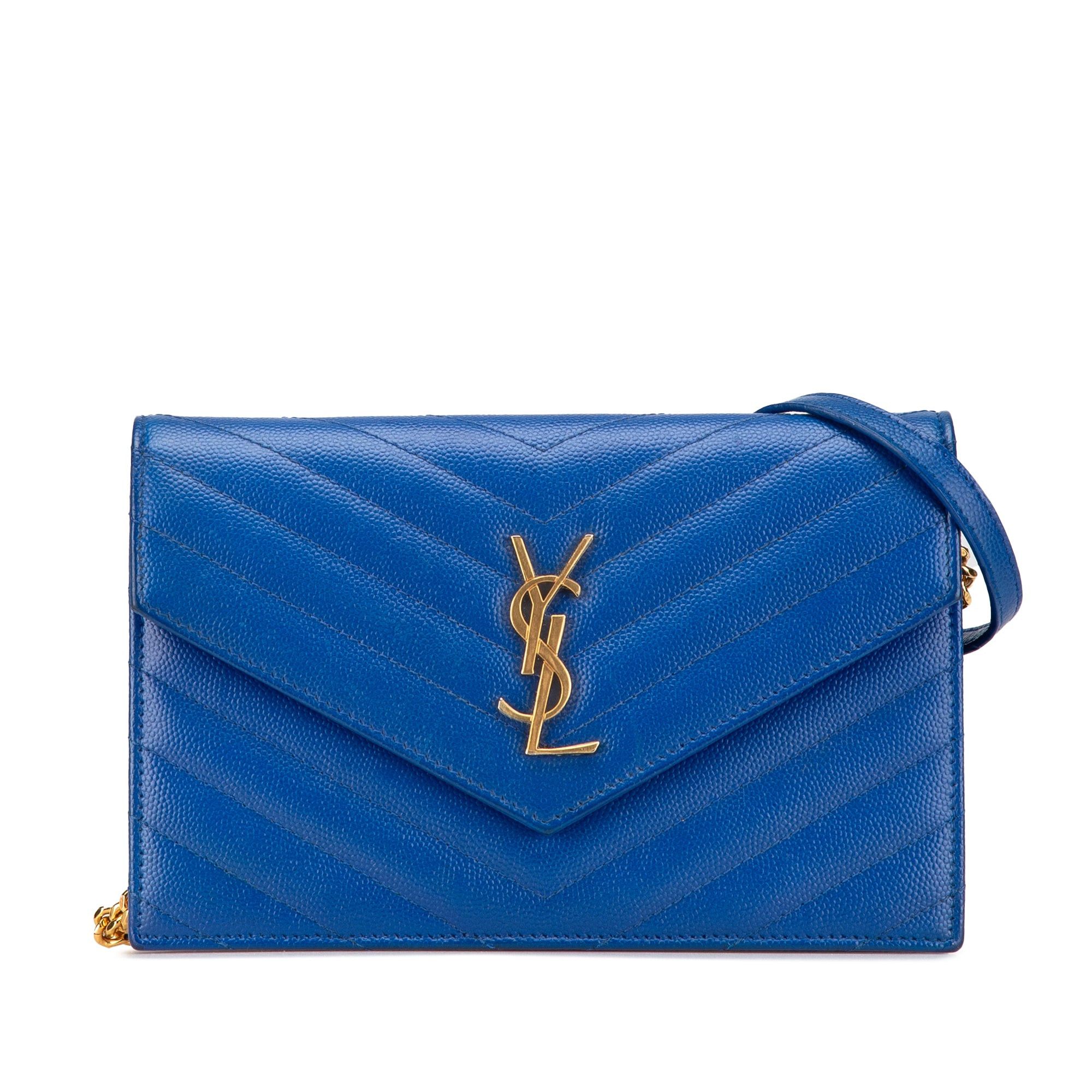 Saint Laurent Paris Saint Laurent Grain De Poudre Matelasse Chevron Monogram Chain Wallet Blue Size ONE SIZE - 1 Thumbnail