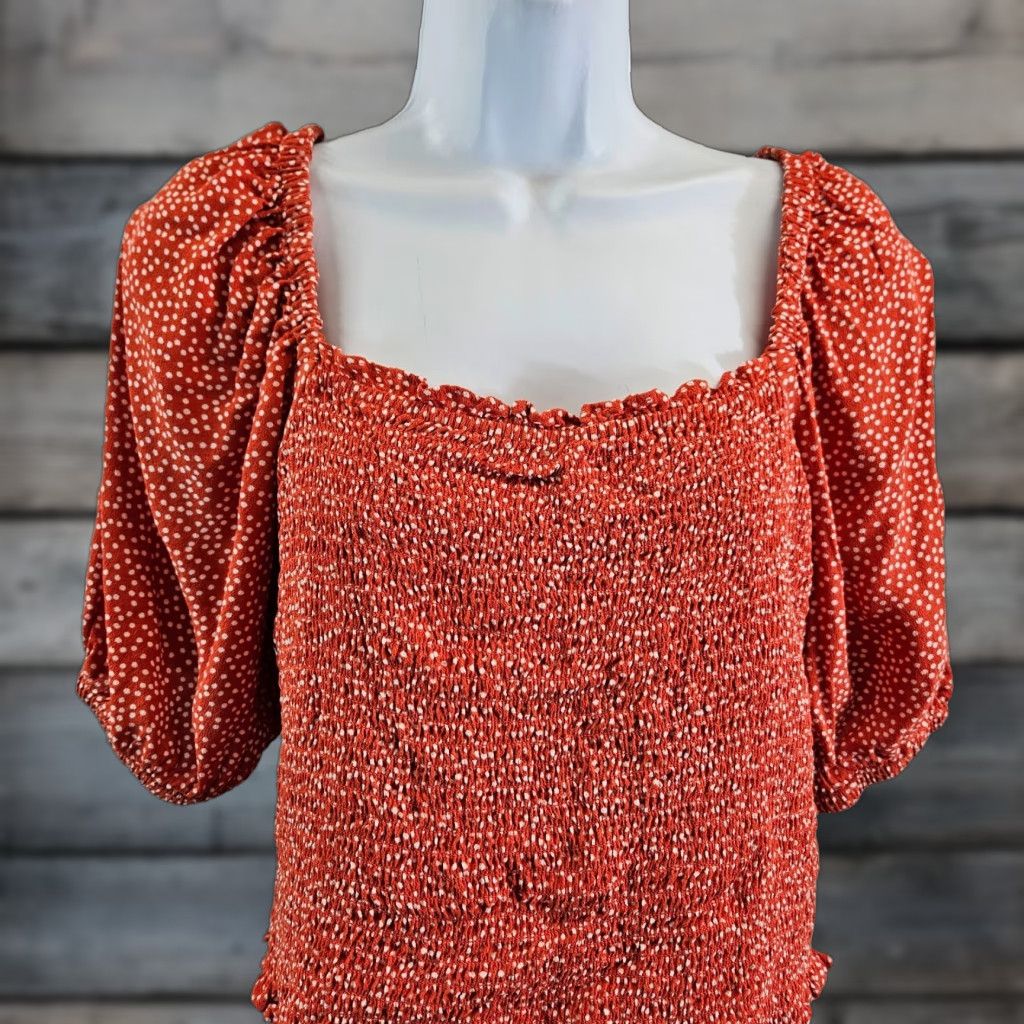 Loft Ann Taylor LOFT Womens Smocked Crop Top Sz Small Red/Orange Spotted Rayon Size S / US 4 / IT 40 - 1 Thumbnail
