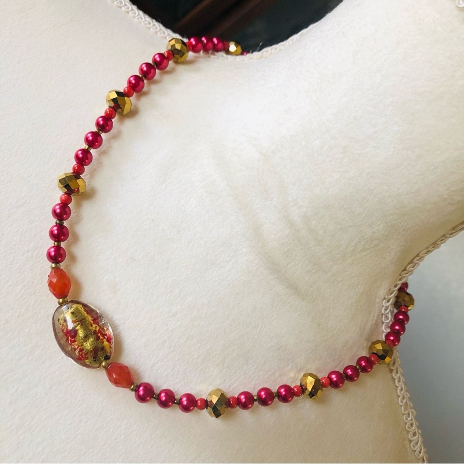 Handmade Handcrafted repurpose crystal red coral Pearl necklac Size ONE SIZE - 1 Thumbnail