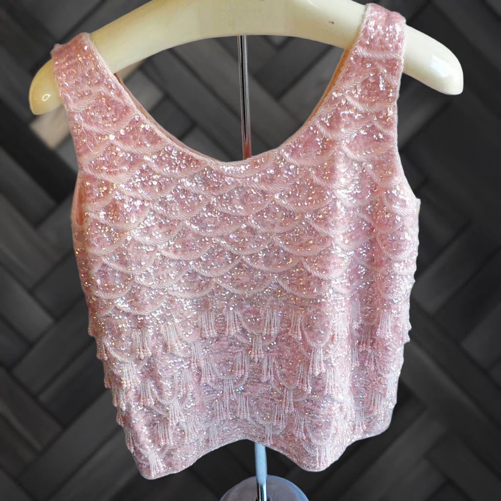 J Brand VTG Unbranded Shirt 38 Pink Beaded Sleeveless Blouse 100% Wool Hong Kong Womens Eveningwear Size XS / US 0-2 / IT 36-38 - 1 Thumbnail