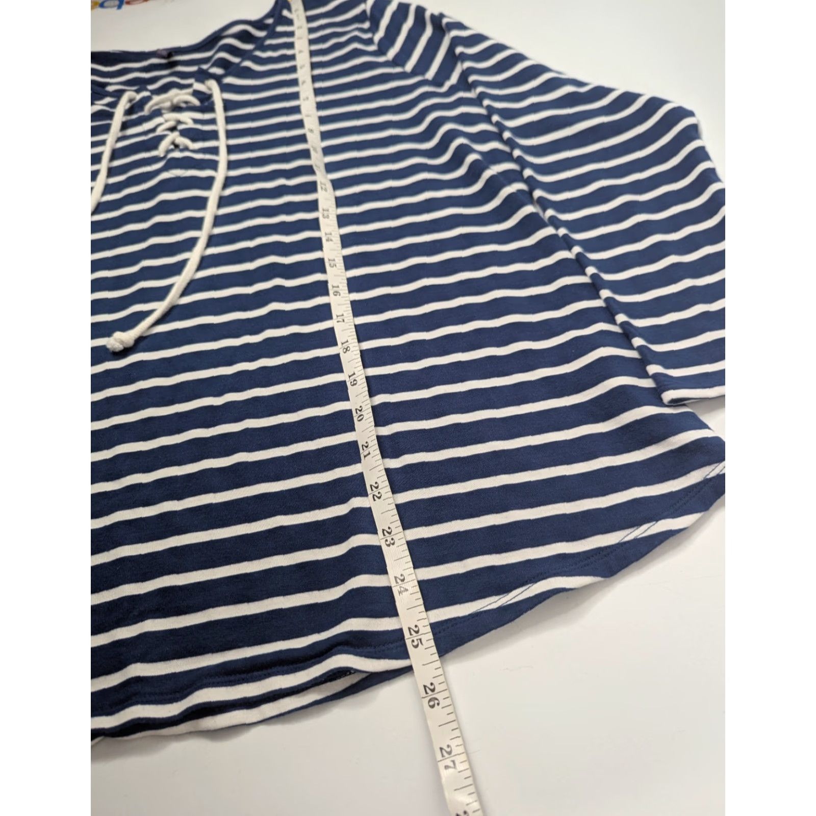 NYDJ NYDJ Shirt Women PXL Navy Striped Lace Up Long Sleeve V-Neck T-Shirt - Blue, Polyester Viscose Elastine Knit, Soft, Stretch, Unlined, Relaxed Fit Size XL / US 12-14 / IT 48-50 - 5 Thumbnail