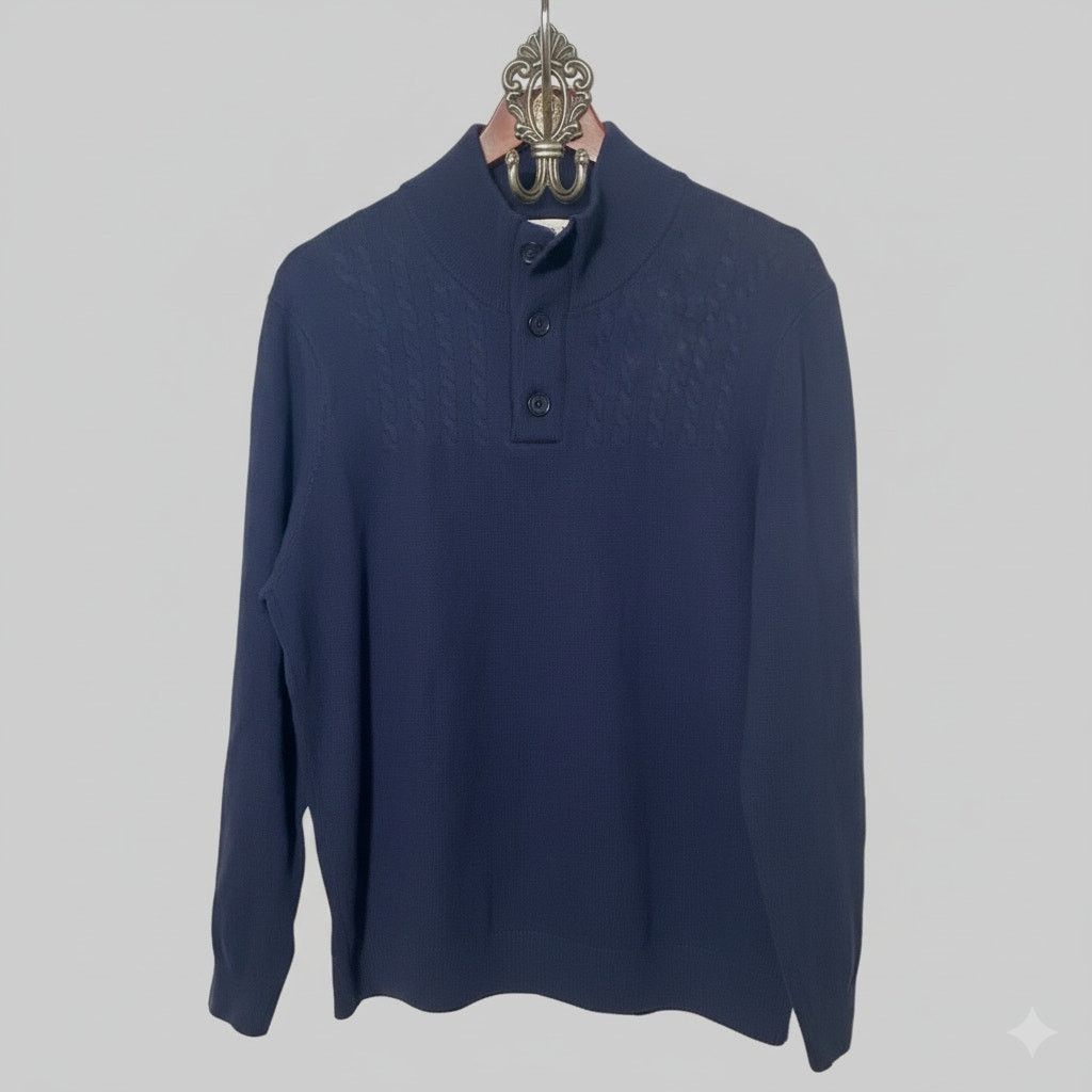 Turnbury Turnbury Merino Wool Henley Sweater Large Blue Mock Neck Size US L / EU 52-54 / 3 - 1 Thumbnail