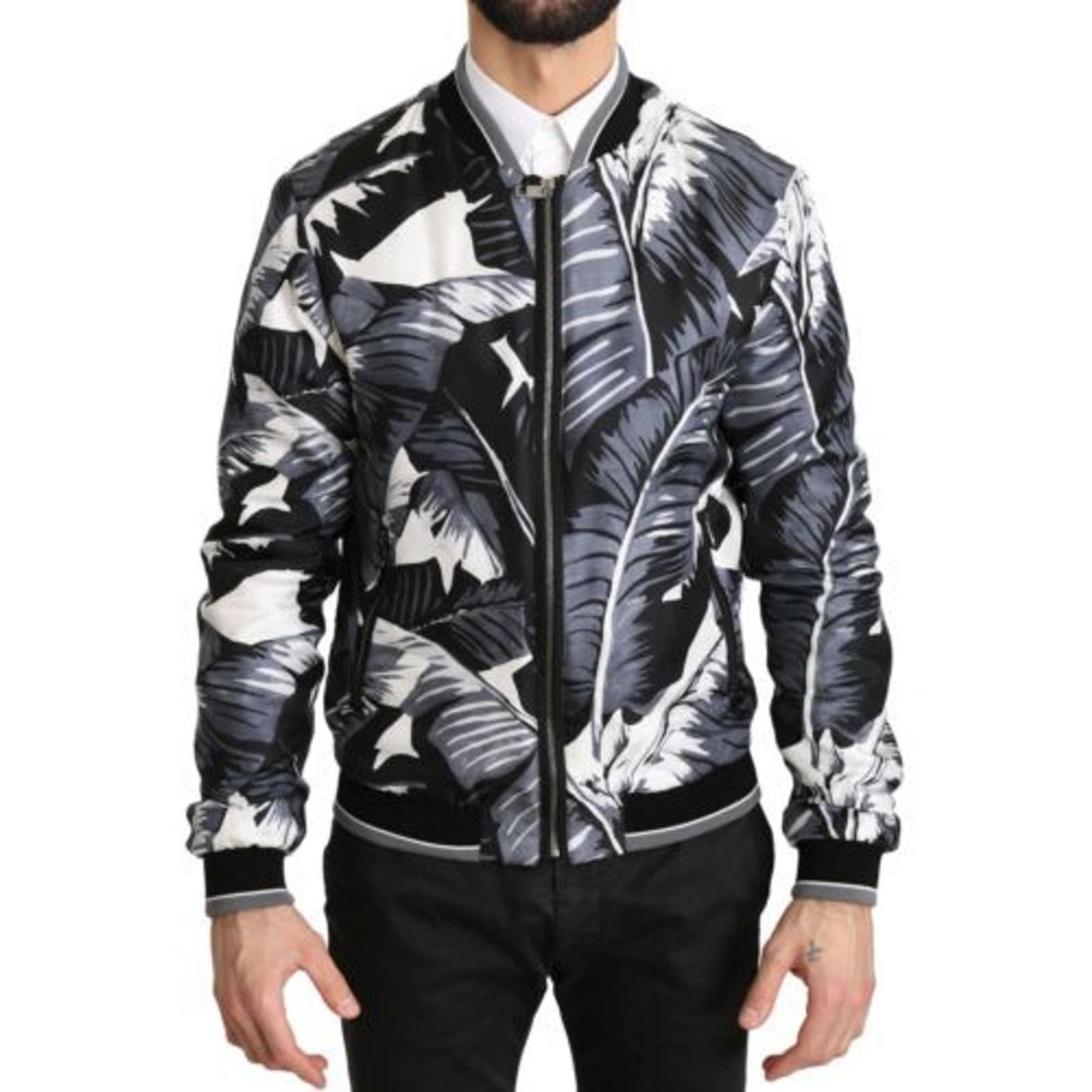 image of Dolce Gabbana NWT Banana Leaf Print Silk Bomber Jacket in Black, Men's (Size Large)
