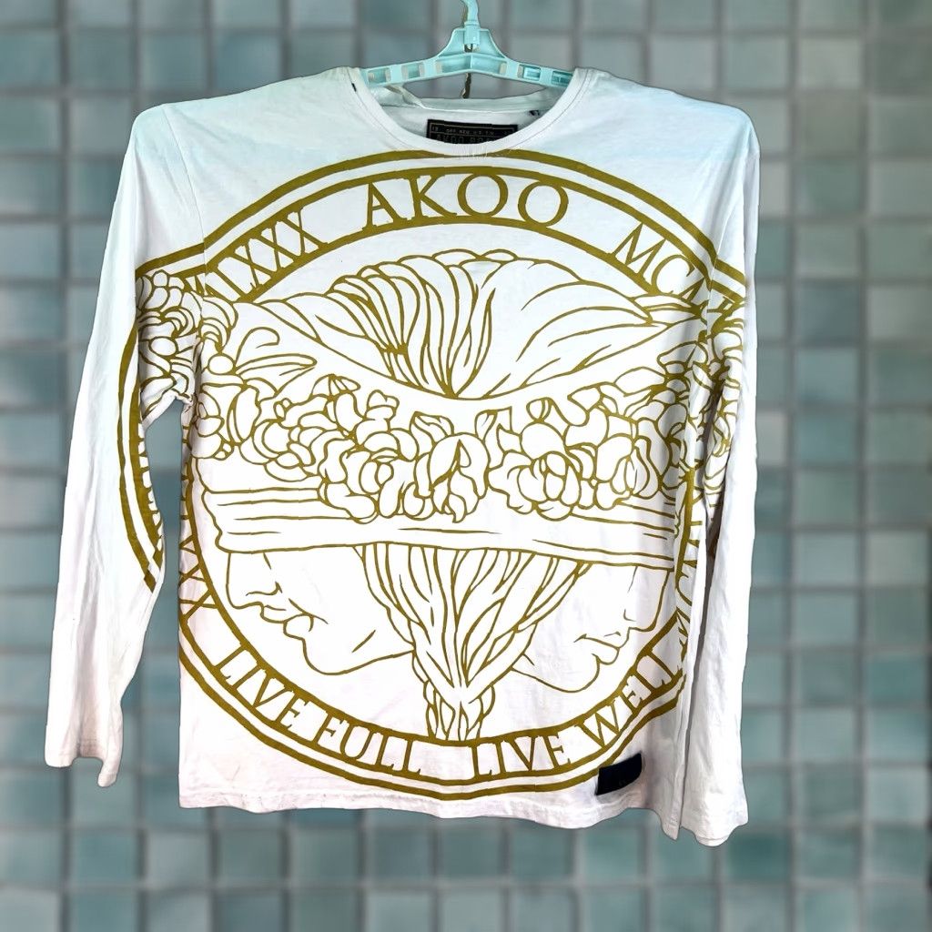 Olive Akoo Live Full Live Well T-Shirt Mens XL White Gold Long Sleeve Hip Hop Graphic Print Logo Crew Neck T-Shirt, White, XL, Mens Size US XL / EU 56 / 4 - 1 Thumbnail