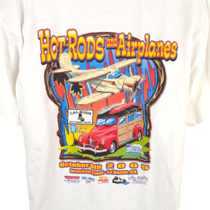 Gildan VINTAGE Hot Rods And Airplanes T Shirt Mens Size XL White Y2K 2005 Car Show Size US XL / EU 56 / 4 - 4 Thumbnail