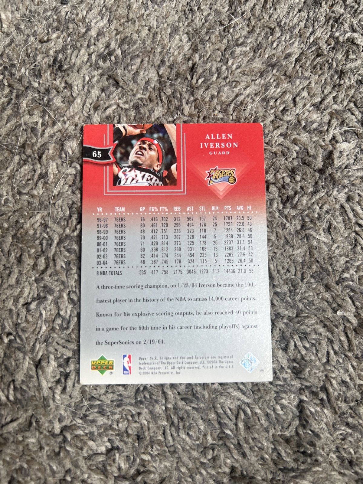 NBA 2004 Upper Deck #65 Allen Iverson Card Size ONE SIZE - 2 Thumbnail