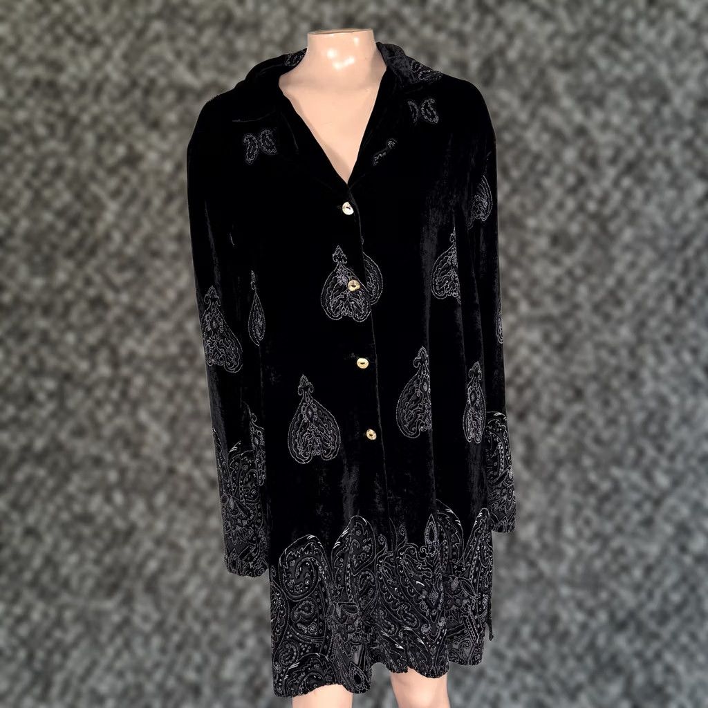 Velour CITRON Santa Monica Blouse L Rayon Silk Button Paisley Velour Black Womens Size L / US 10 / IT 46 - 1 Thumbnail
