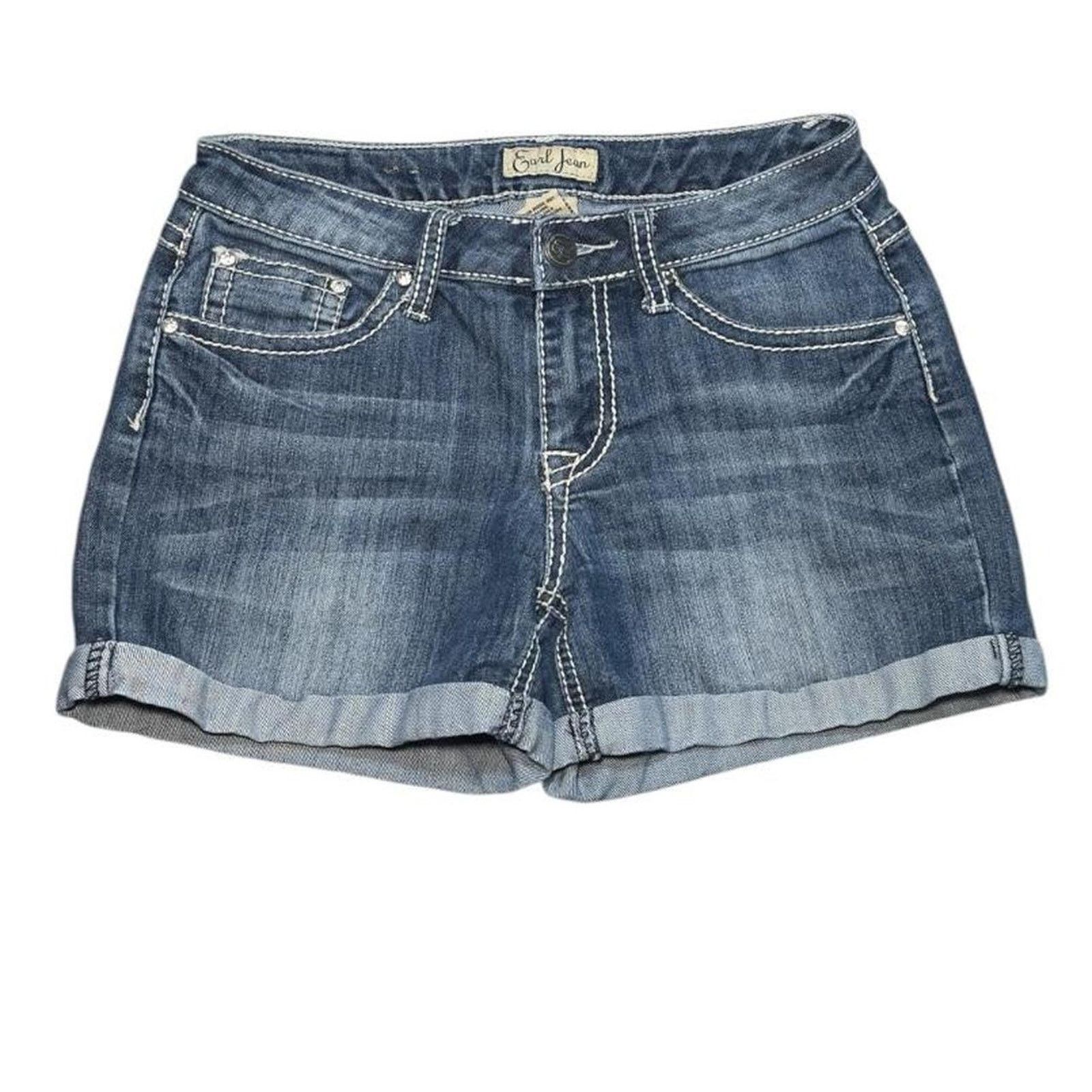 Earl Jeans Earl Jean Denim Shorts – Blue Y2K Embroidered Cuffed Bling Size 27" / US 4 / IT 40 - 1 Thumbnail