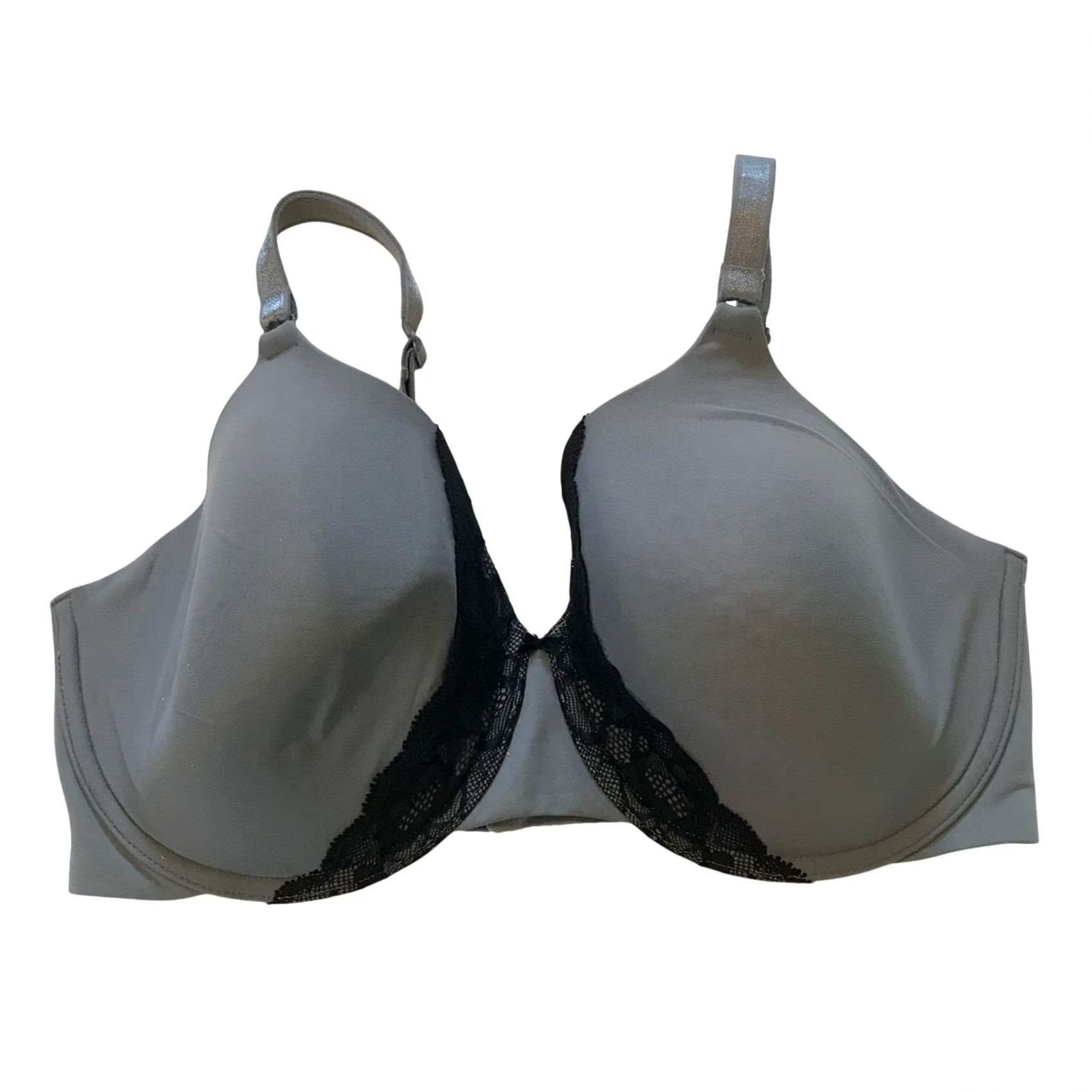 Vintage Olga Bra 38DD Full Coverage Black Lace Underwire Grey 35445 Size ONE SIZE - 2 Thumbnail