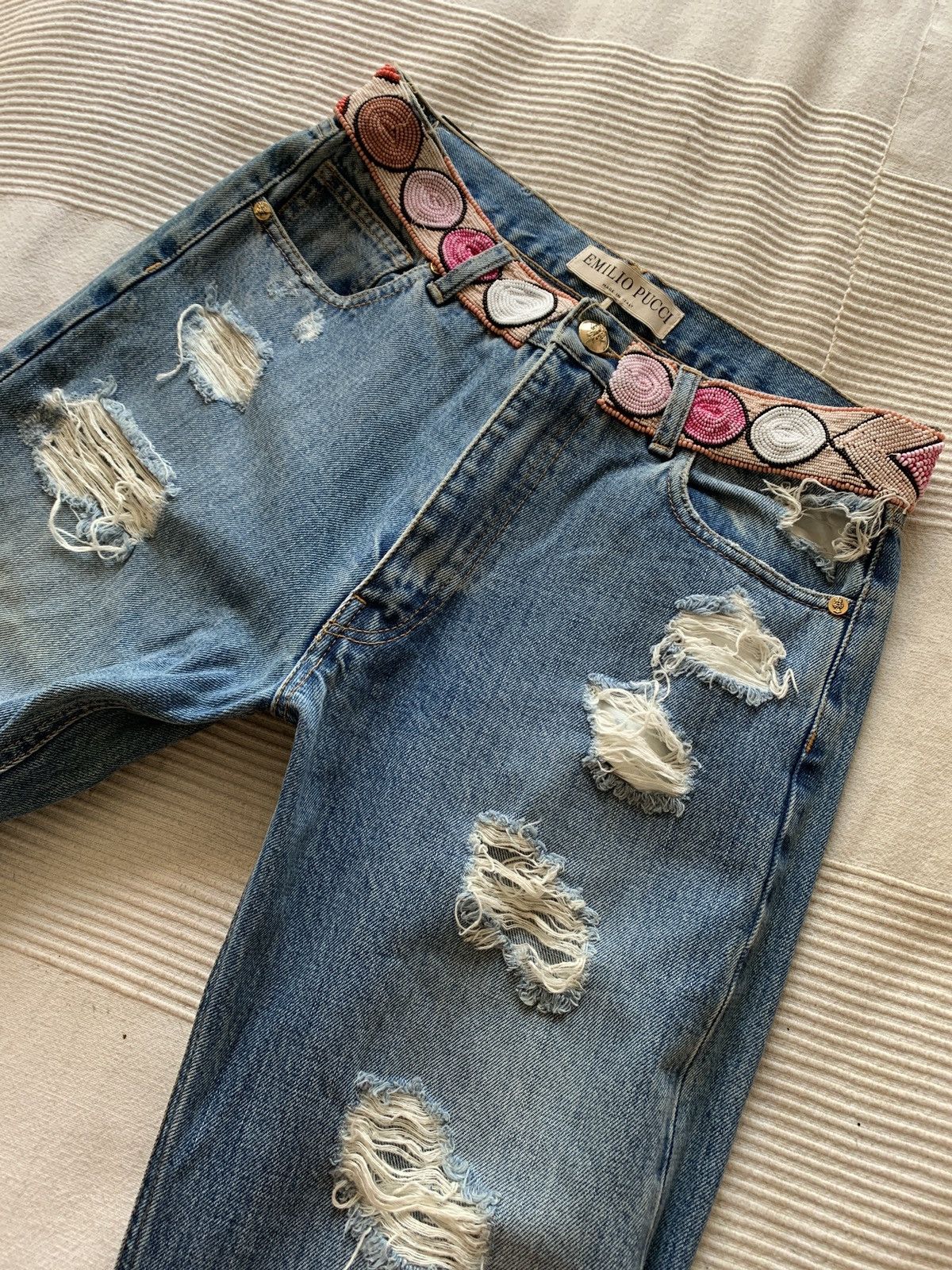 image of Emilio Pucci $3K Blue Beaded And Ripped Jeans, Women's (Size 28)