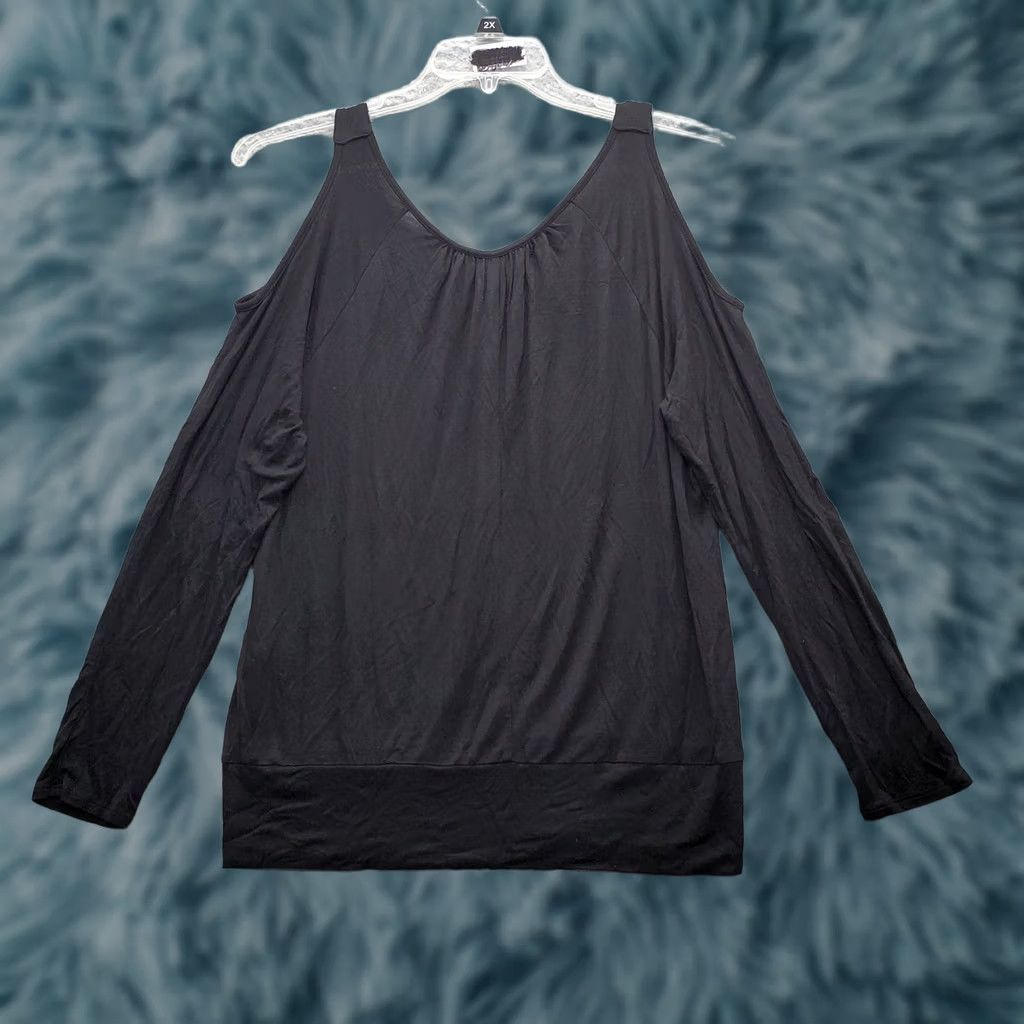 Vintage Thalia Sodi Blouse Top Womens Medium Black Rayon Stretch Cold Shoulder Sleeve Size M / US 6-8 / IT 42-44 - 1 Thumbnail