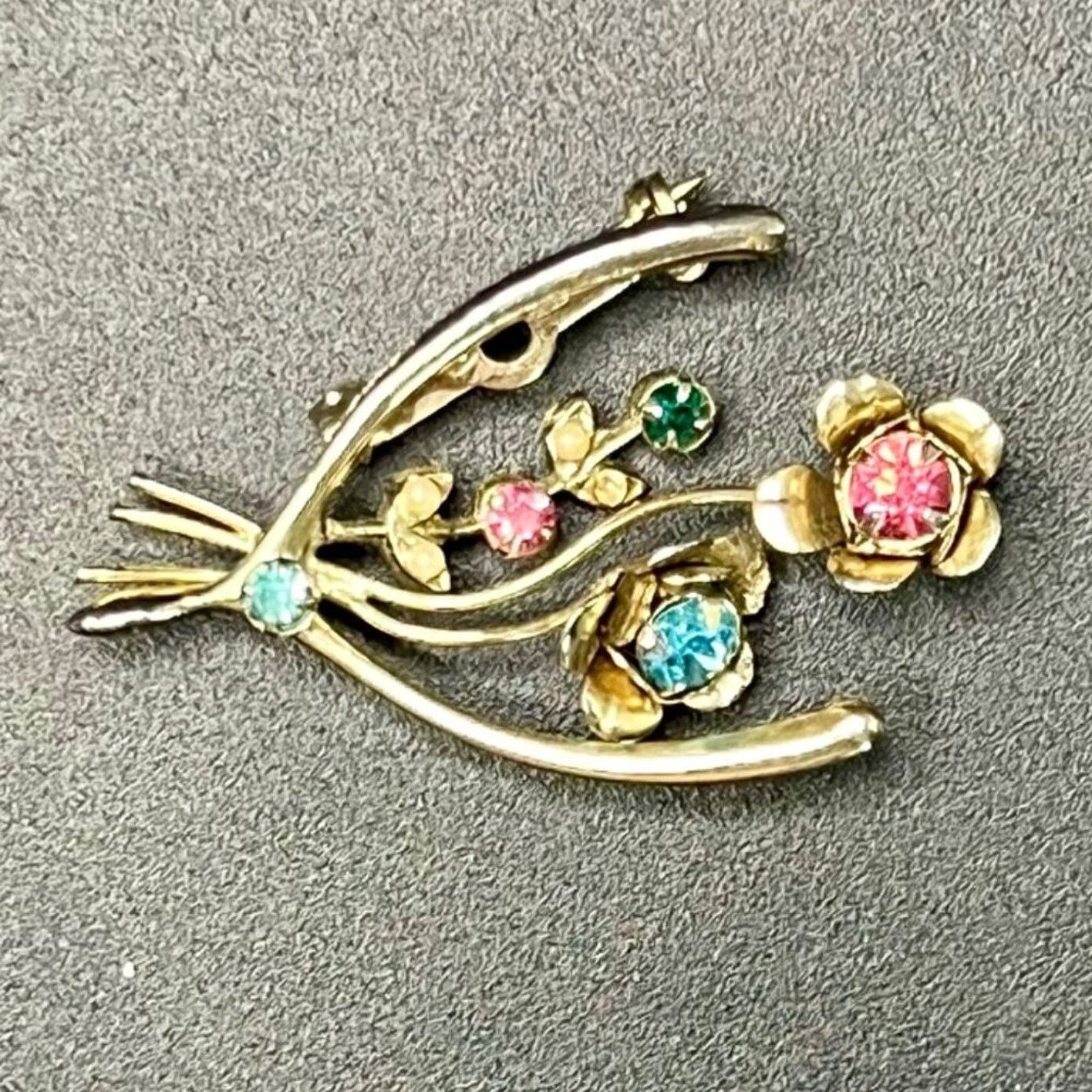 & Other Stories Vintage Pink, Green, Blue Rhinestone Goldtone Flower Brooch Size ONE SIZE - 1 Preview