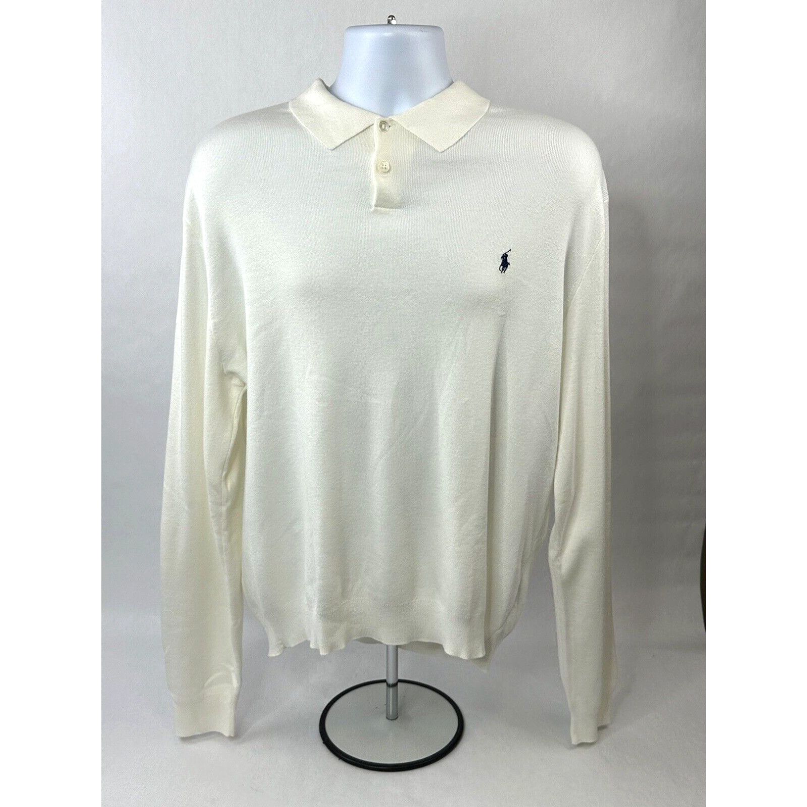 image of Vintage Polo Ralph Laurent Pima Sweater Mens XL Cream Button Up Polo Sweater NWT in White