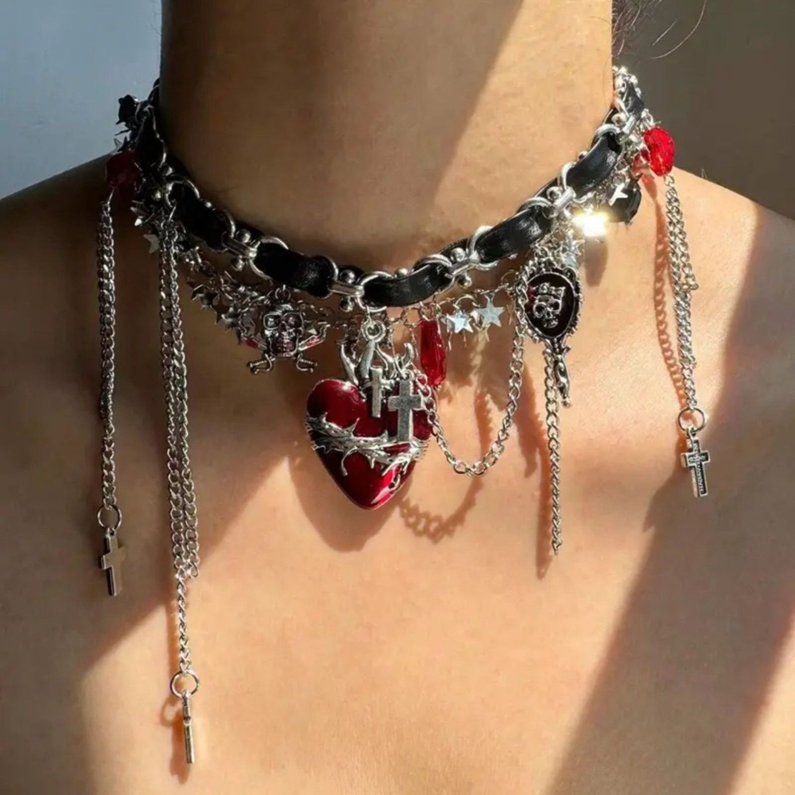 Other Got Emo Punk Style Choker Necklace w/ Heart, Skull, Cross Size ONE SIZE - 1 Thumbnail