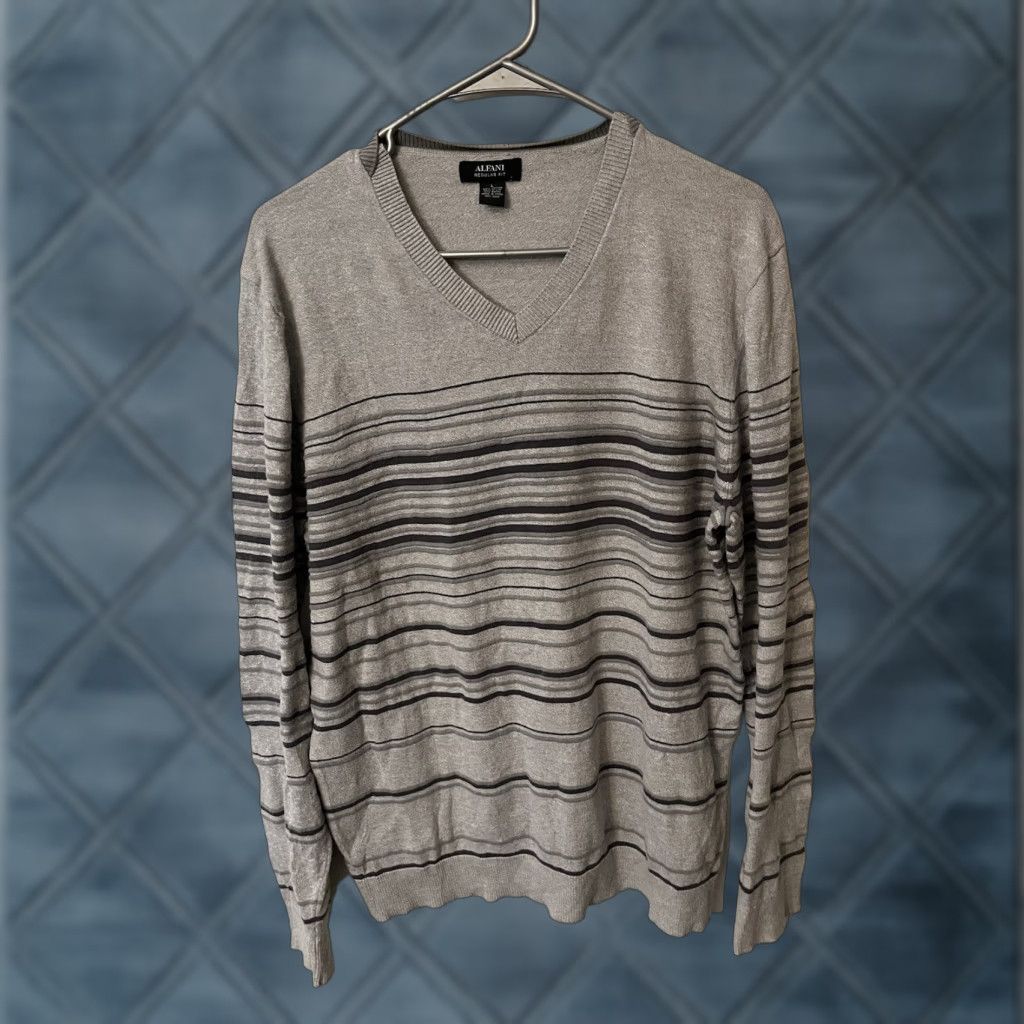 Alfani Alfani Mens Long Sleeves V-Neck Pullover Sweater Grey Striped Size Large Size US L / EU 52-54 / 3 - 1 Thumbnail