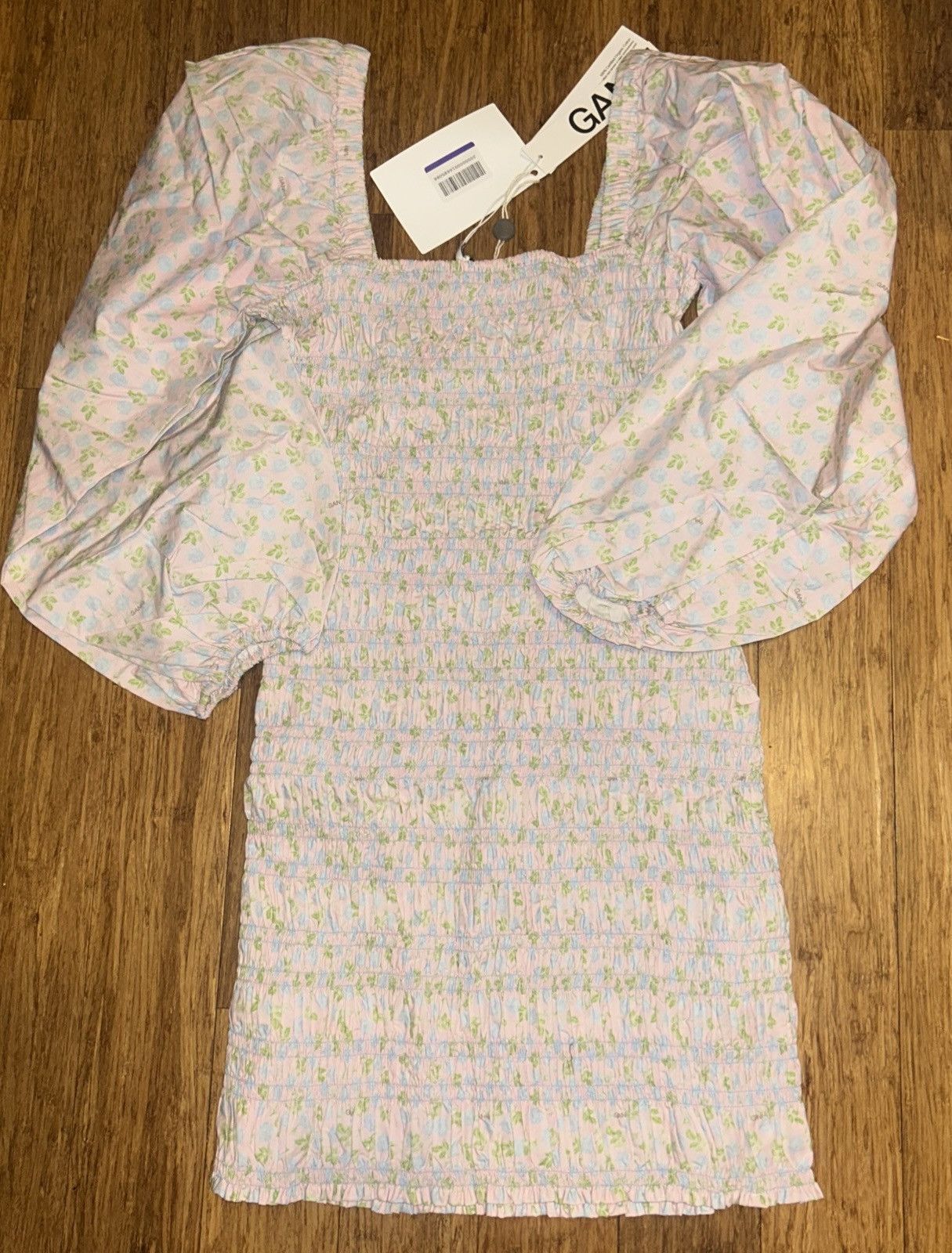 Ganni GANNI Shirred floral-print cotton mini dress Pastel pink Size L / US 10 / IT 46 - 6 Thumbnail