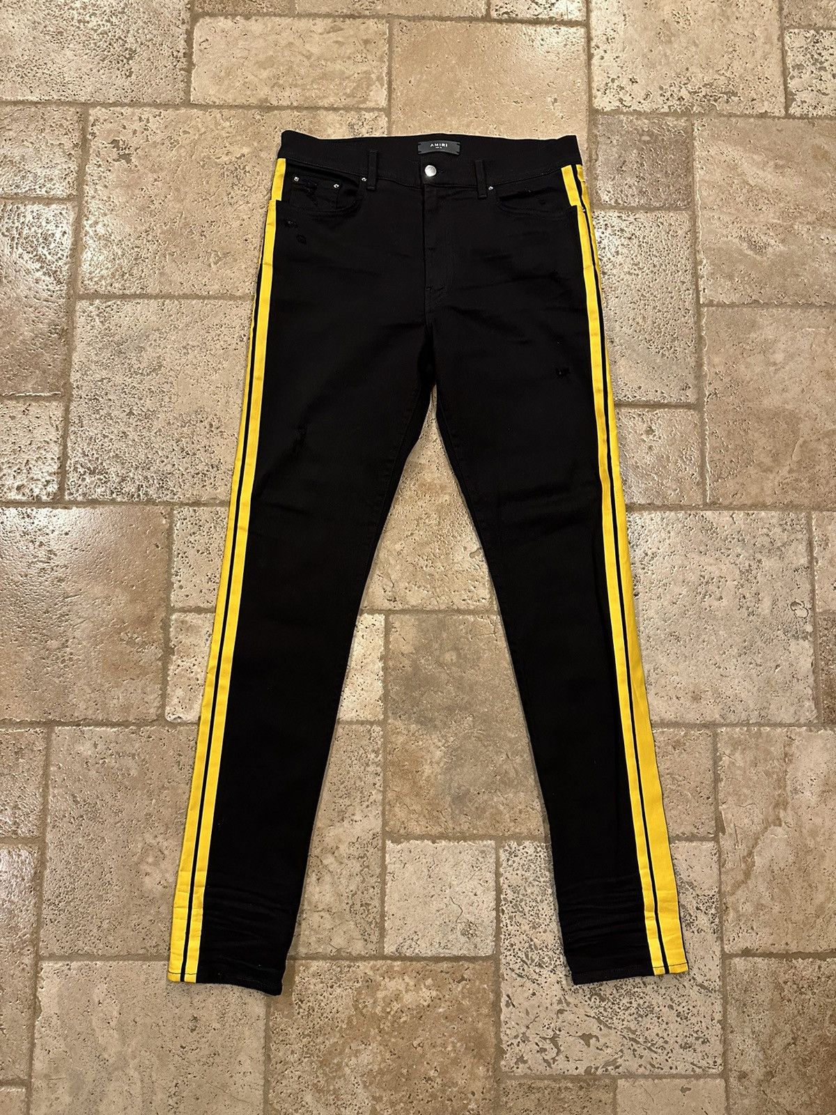 image of Amiri Black / Yellow Stripe Track Denim Distressed Jeans, Men's (Size 36)