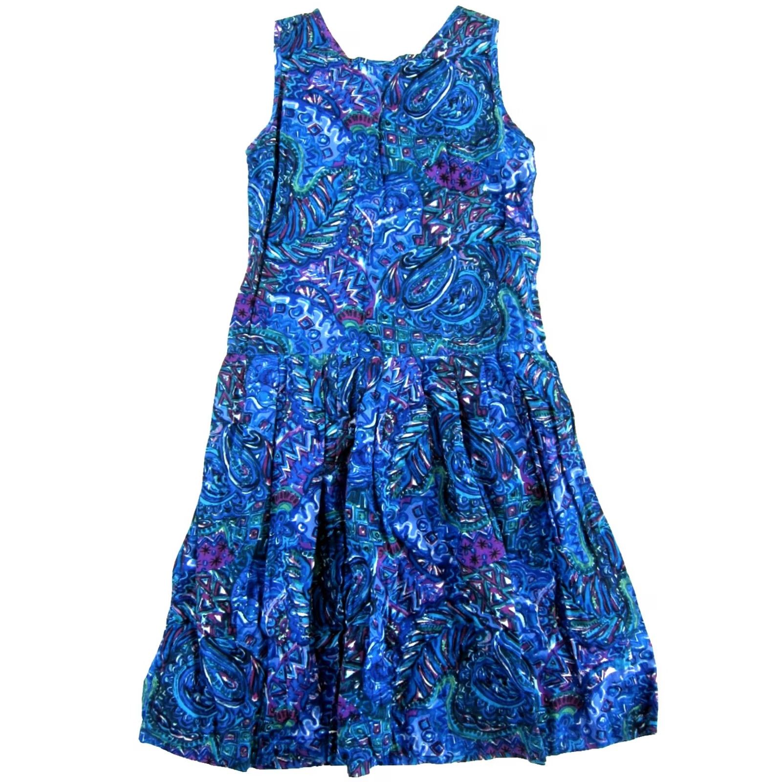 Asics VINTAGE Trend Basics Dress Womens L Blue VTG Purple Green Floral Pocket Drop Waist Midi Tank Size L / US 10 / IT 46 - 2 Thumbnail