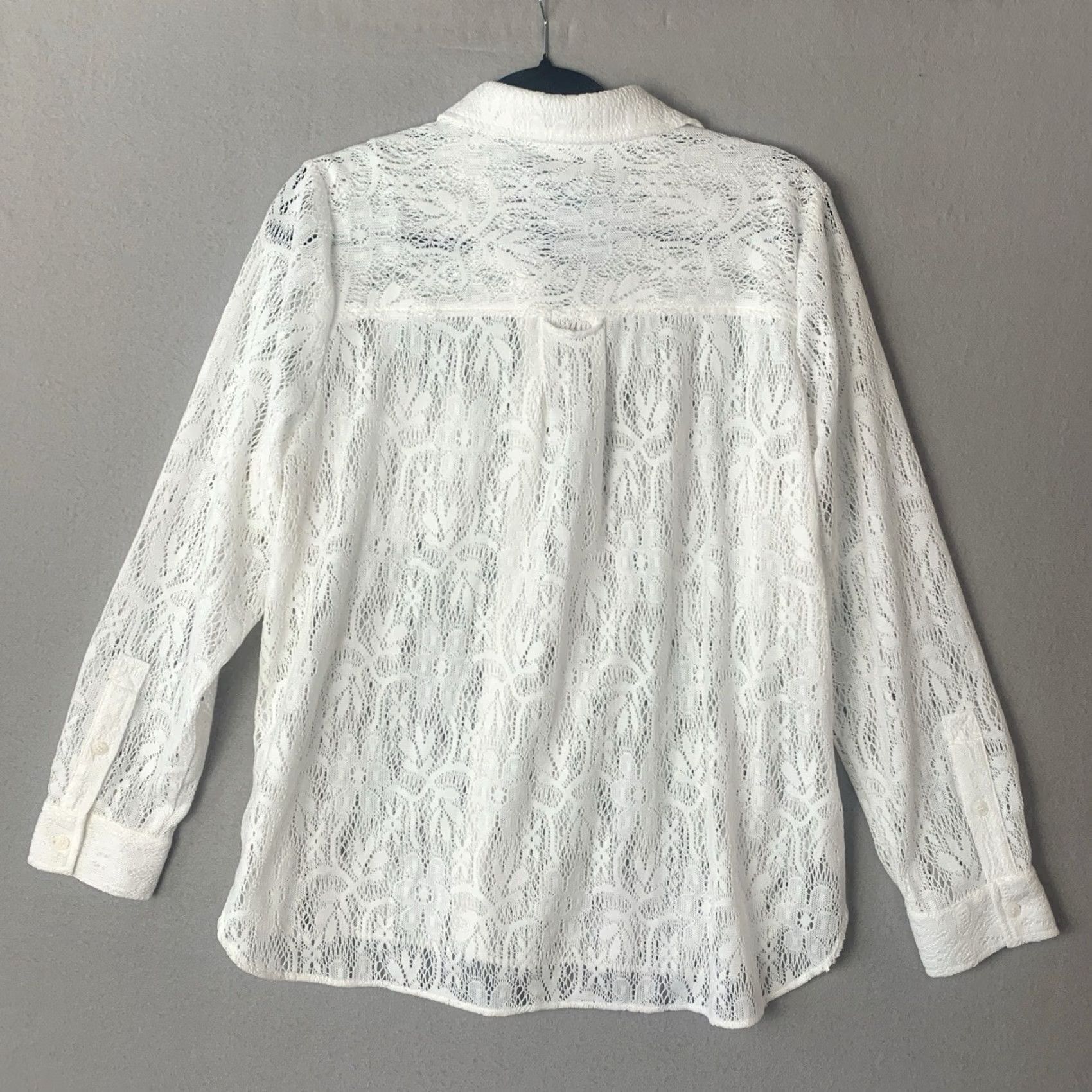 Vintage Pale Sky Top Women L White Eyelet Open Knit Boho Secretary Button Collared Blouse Size L / US 10 / IT 46 - 2 Thumbnail
