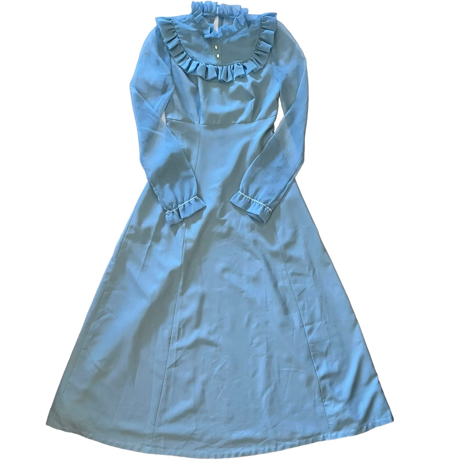 Vintage Vintage Dusty Blue Ruffle Collar Prairie Maxi Dress Size XS / US 0-2 / IT 36-38 - 7 Thumbnail