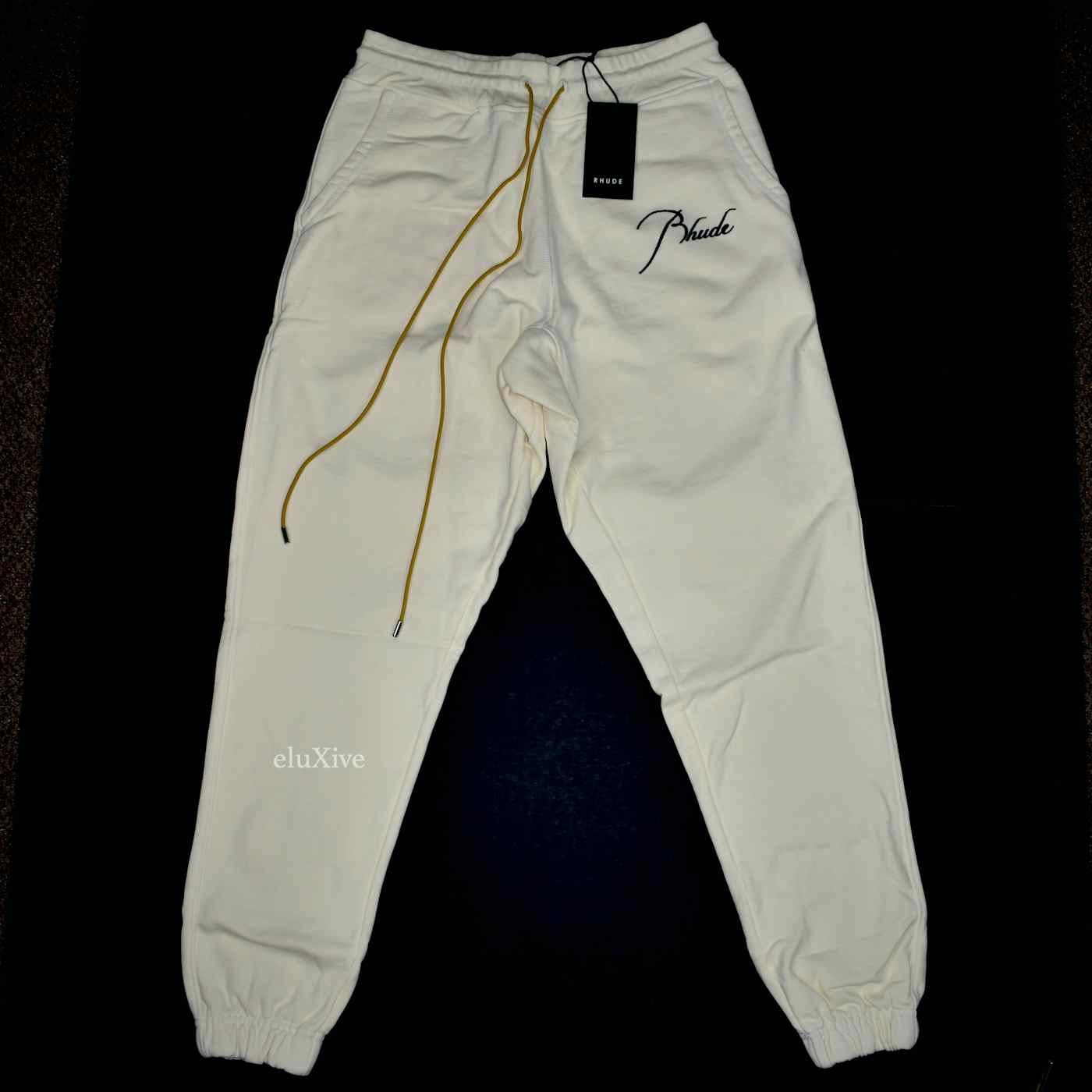 Image of Rhude Cream White Logo Embroidered Lounge Pants Sweatpants, Men's (Size 36)