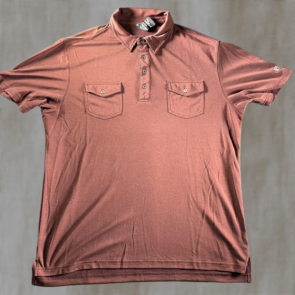 Vintage KÜHL Polo Shirt Mens Large Brown Double Pocket Travel Knit Tech Shirt Short Sleeve Casual Activewear Size US L / EU 52-54 / 3 - 1 Thumbnail