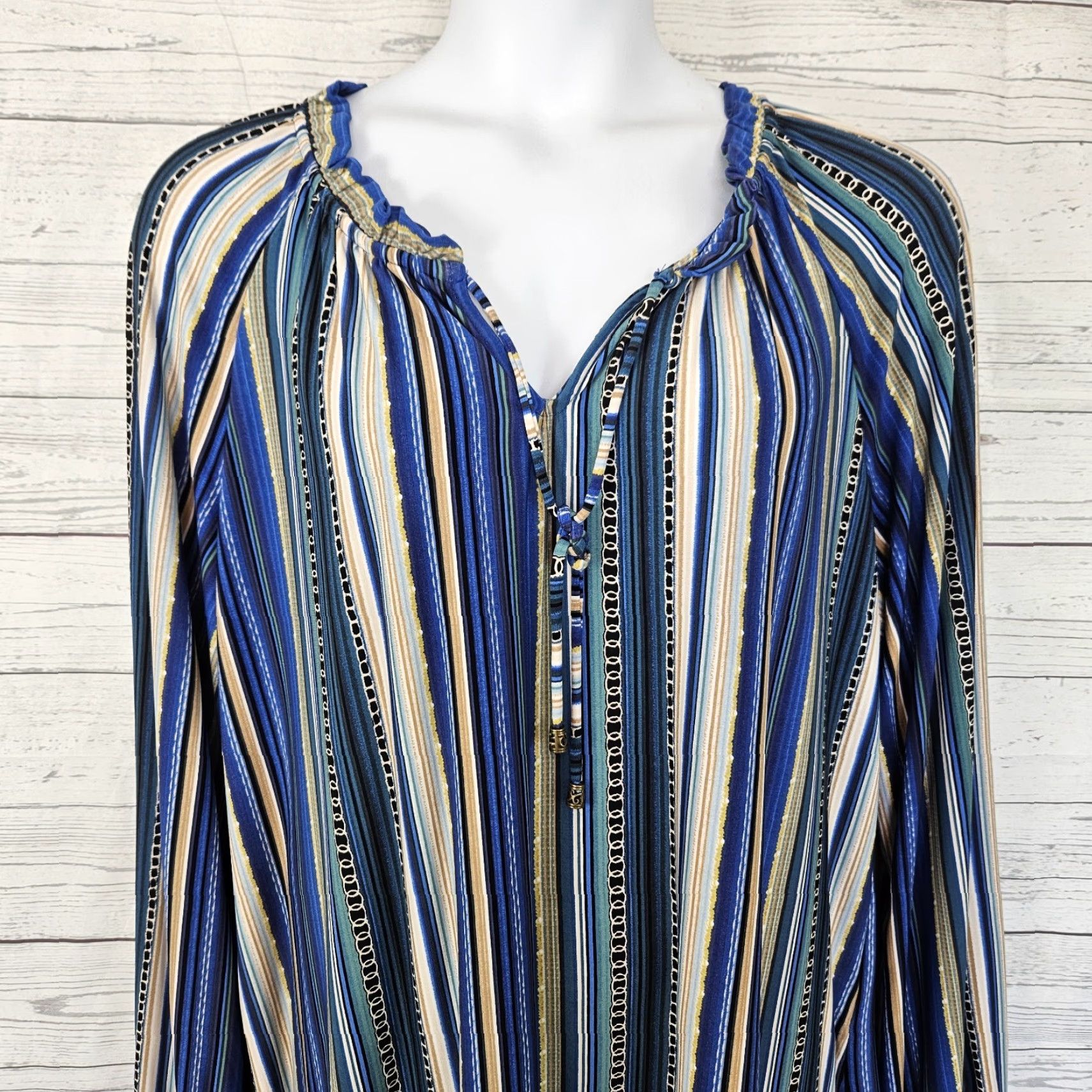 Vintage Susan Graver Womens Top Blouse 2X Blue Tan Striped Long Sleeve Graphic Pattern Polyester Spandex N/A Size XXL / US 16-18 / IT 52-54 - 2 Thumbnail