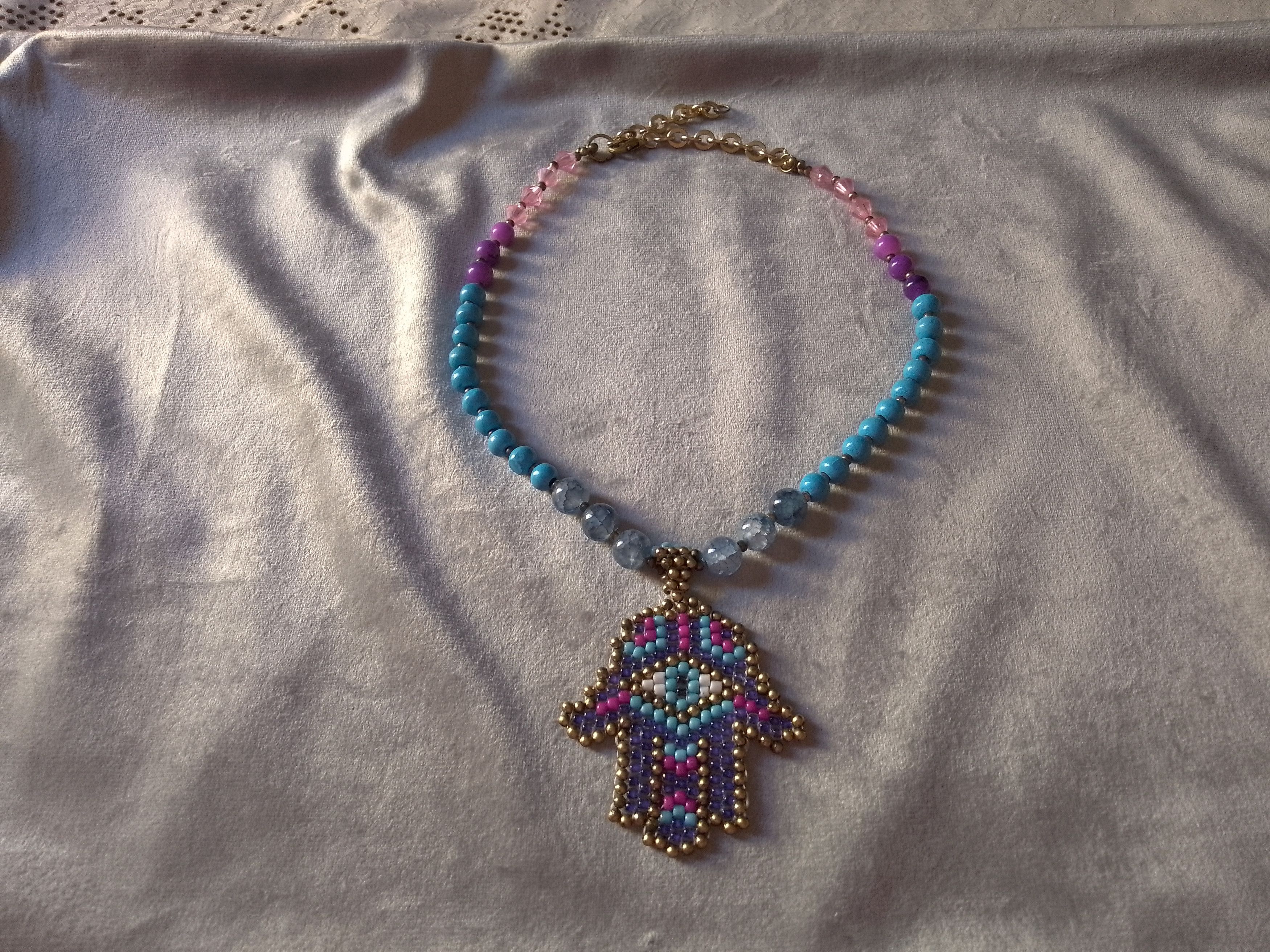 Handmade Necklace Blue Agate + Resin Hand of Fatima Lucky Charm Size ONE SIZE - 2 Thumbnail