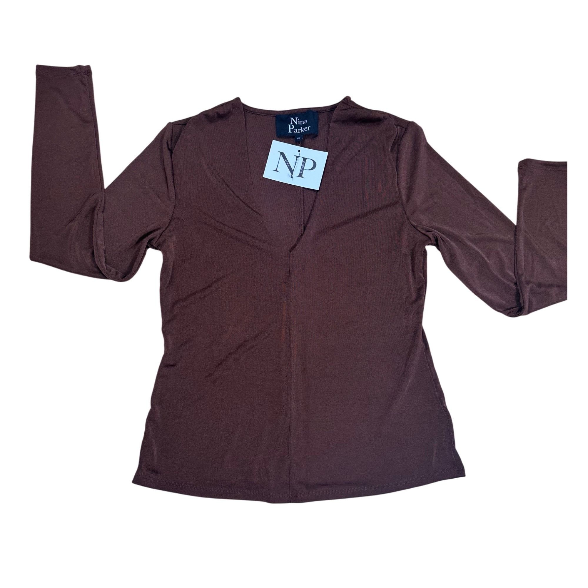 Other Nina Parker Plus V-Neck Fitted Blouse Brown Long Sleeve 0X N Size XL / US 12-14 / IT 48-50 - 3 Thumbnail