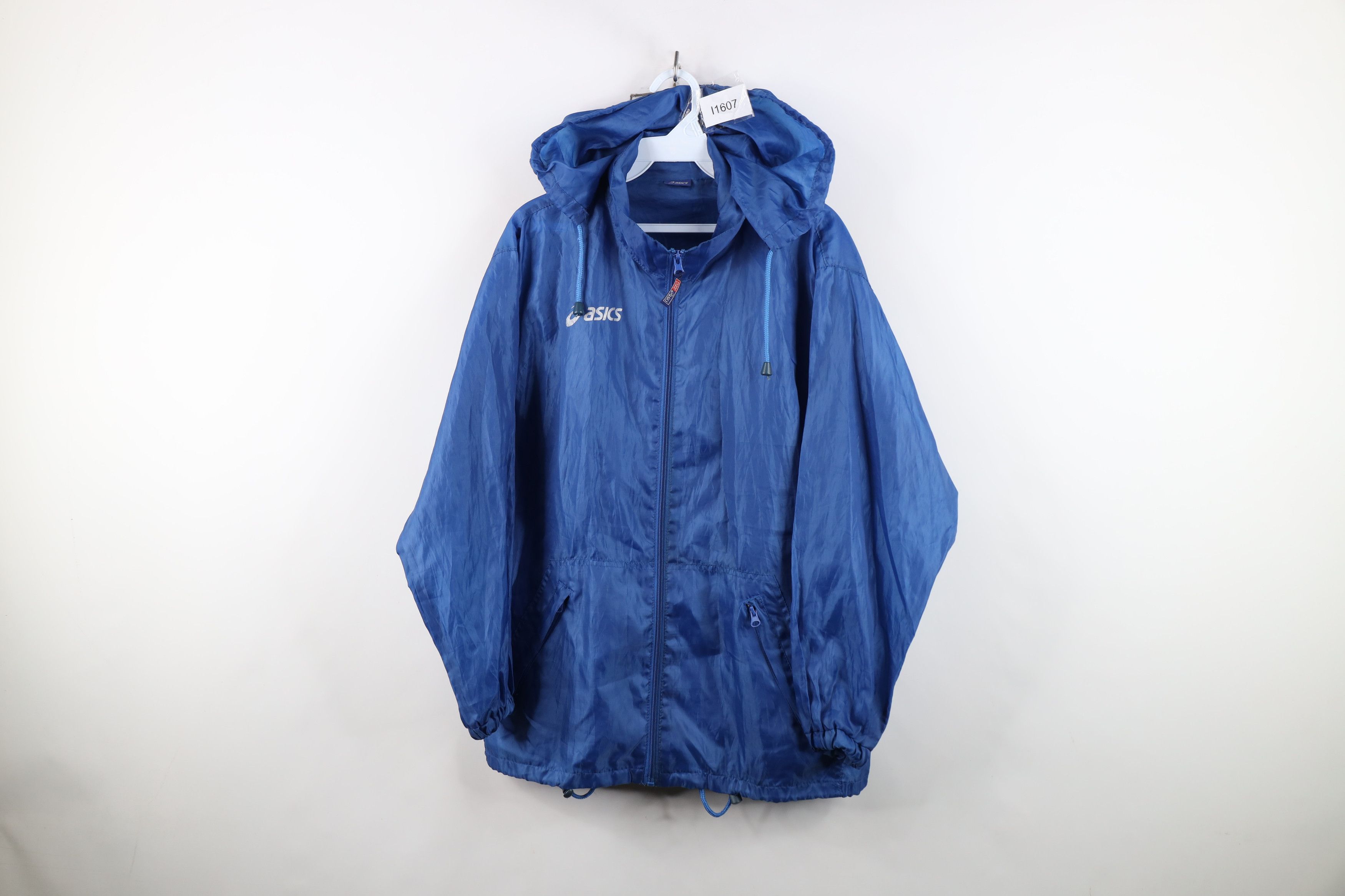 Asics Vintage 90s ASICS Spell Out Hooded Windbreaker Jacket Blue Size XL / US 12-14 / IT 48-50 - 1 Thumbnail