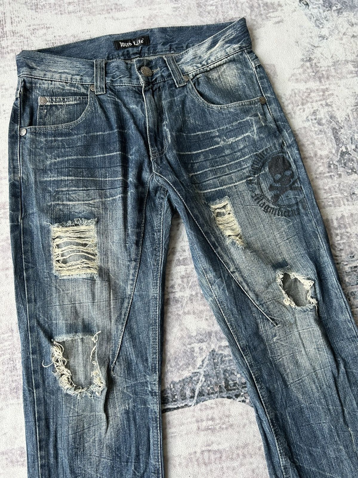 If Six Was Nine Punk Skull Flared Distressed Jeans Style Size US 32 / EU 48 - 3 Thumbnail
